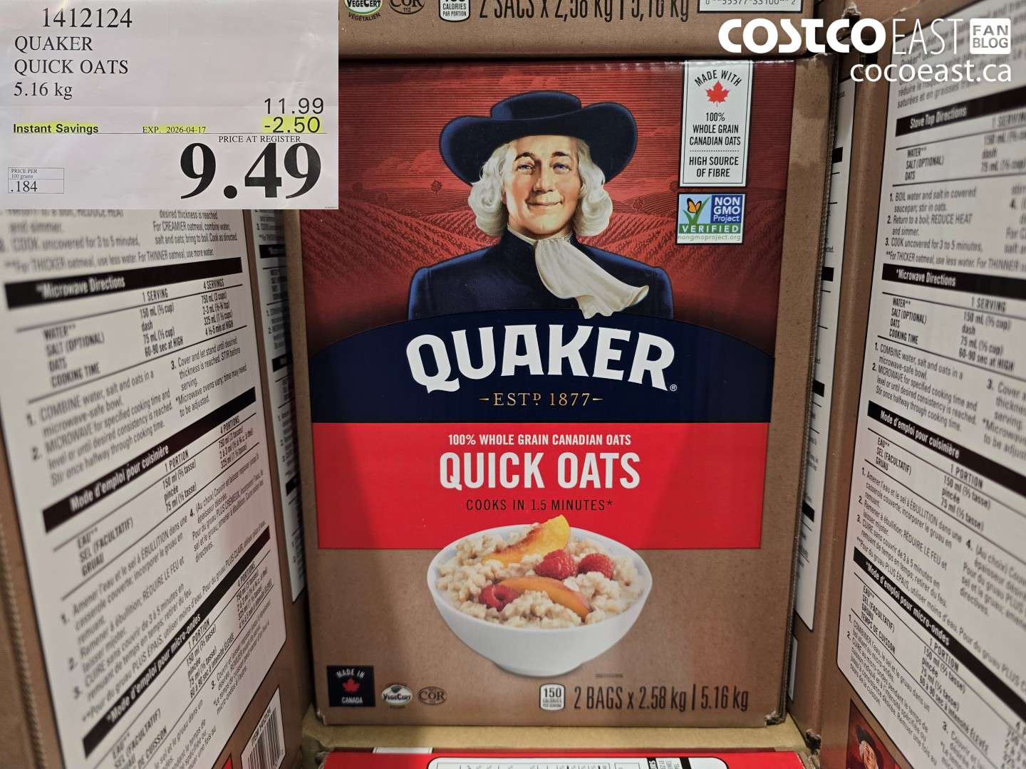 1412124 QUAKER QUICK OATS 5.16 KG ($2.50 INSTANT SAVINGS EXPIRES ON 2026-04-17) $9.49
