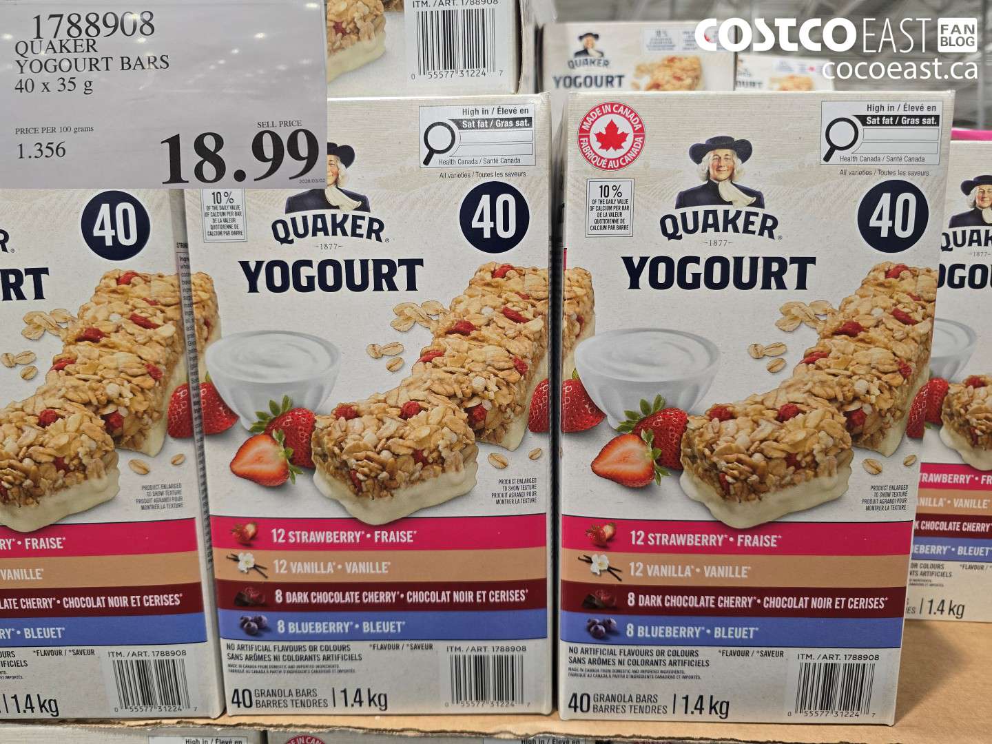 1788908 QUAKER YOGOURT BARS 40 X 35 G $18.99