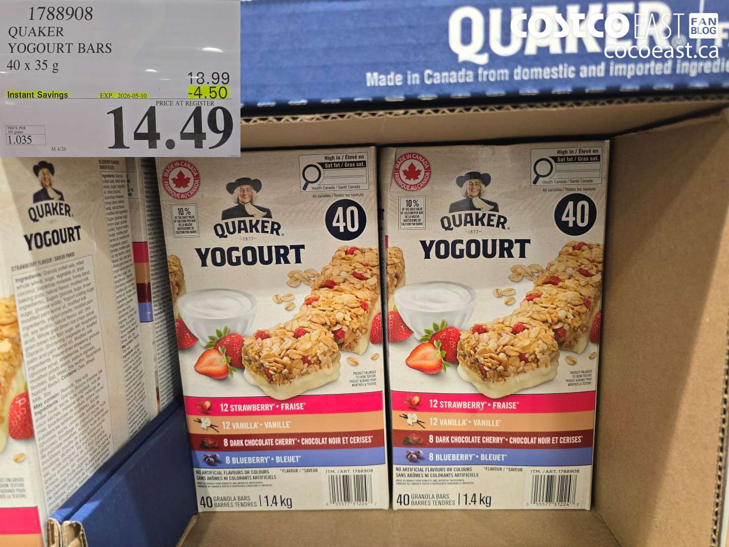 1788908 QUAKER YOGOURT BARS 40 X 35 G ($4.50 INSTANT SAVINGS EXPIRES ON 2026-05-10) $14.49