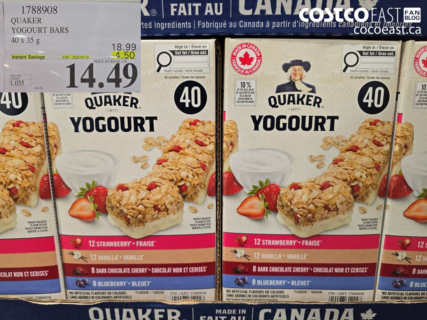 1788908 QUAKER YOGOURT BARS 40 X 35 G ($4.50 INSTANT SAVINGS EXPIRES ON 2026-05-10) $14.49