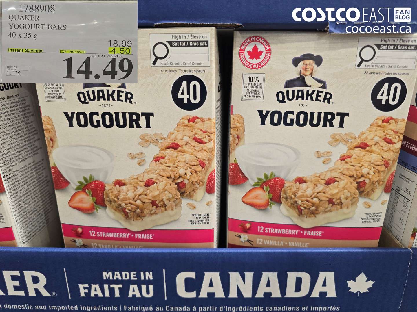 1788908 QUAKER YOGURT BARS 40 X 35 G ($4.50 INSTANT SAVINGS EXPIRES ON 2026-05-10) $14.49