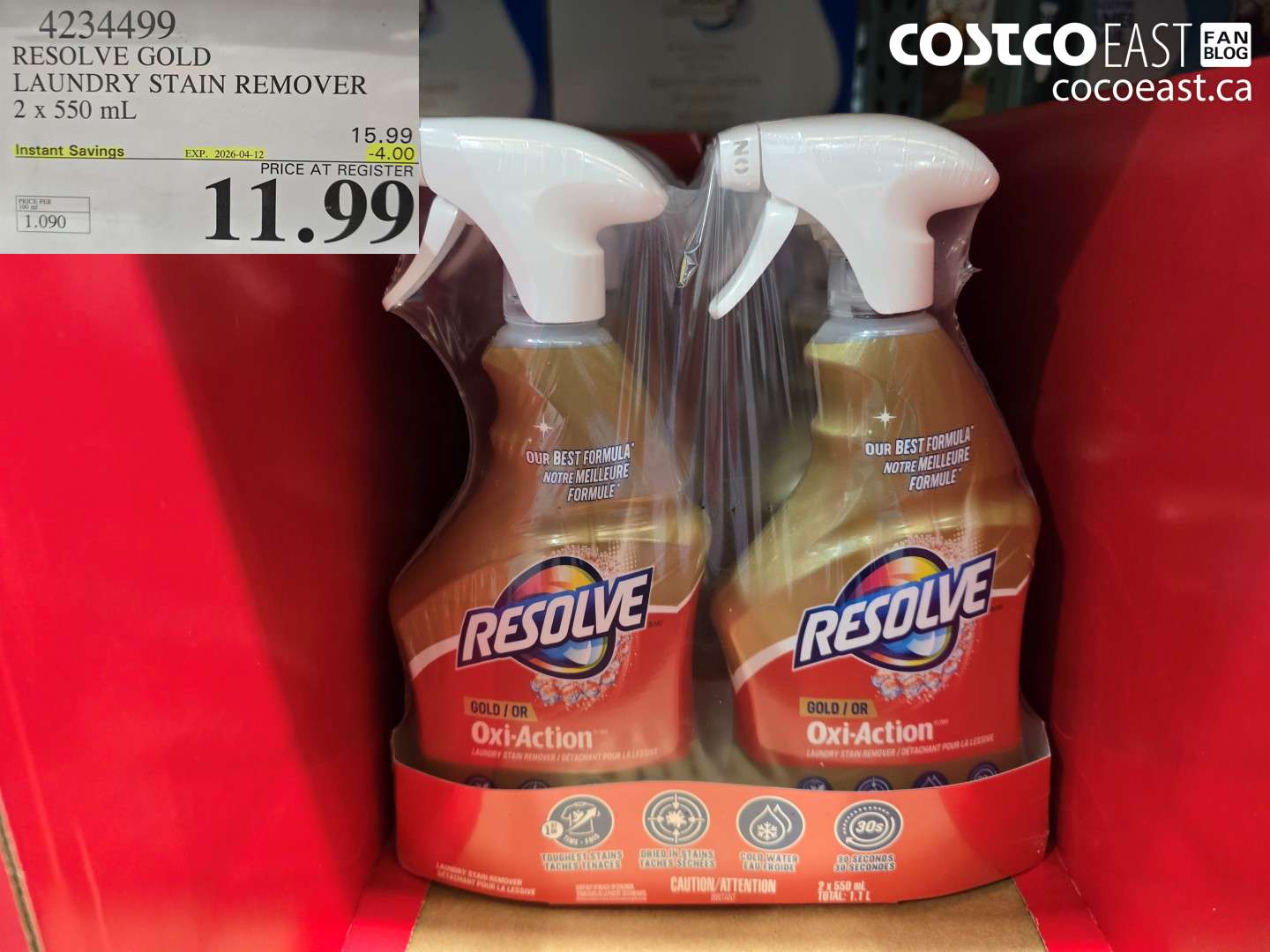 4234499 RESOLVE GOLD LAUNDRY STAIN REMOVER 2 X 550 ML ($4.00 INSTANT SAVINGS EXPIRES ON 2026-04-12) $11.99