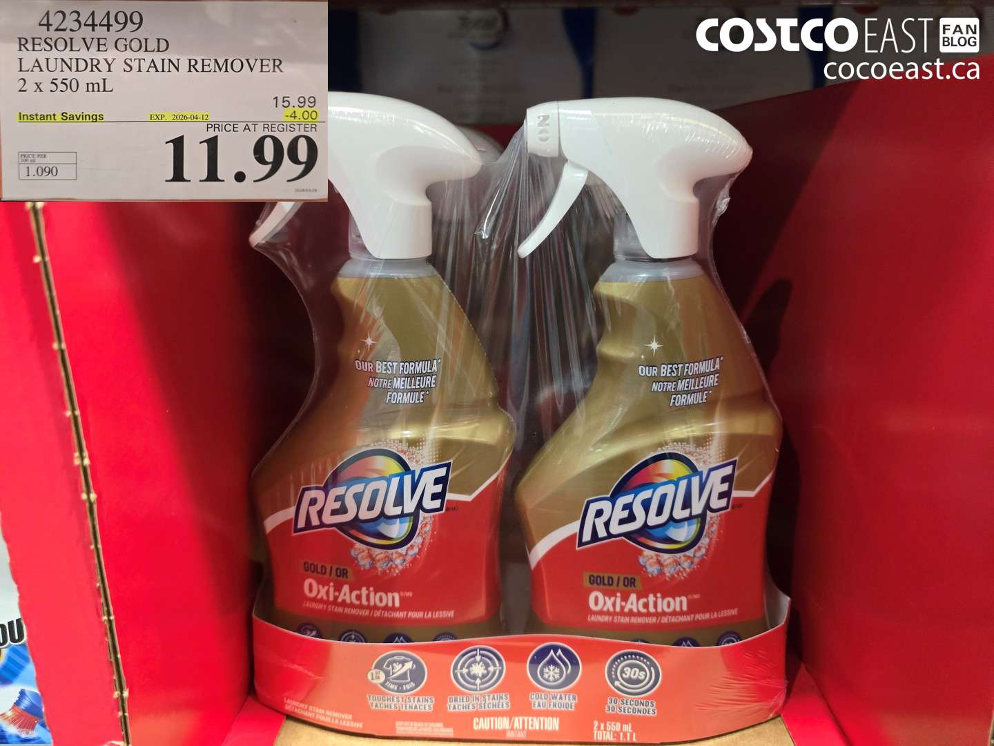 4234499 RESOLVE GOLD LAUNDRY STAIN REMOVER 2 X 550 ML ($4.00 INSTANT SAVINGS EXPIRES ON 2026-04-12) $11.99