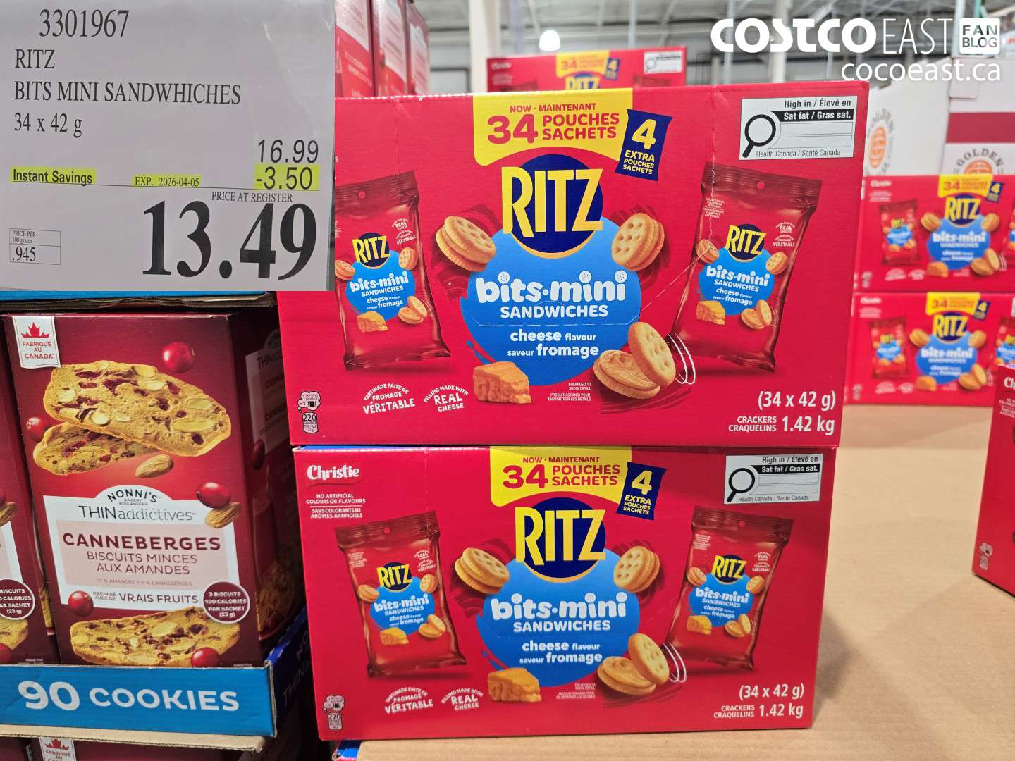 301967 RITZ BITS MINI SANDWICHES 34 X 42 G ($3.50 INSTANT SAVINGS EXPIRES ON 2026-04-05) $13.49