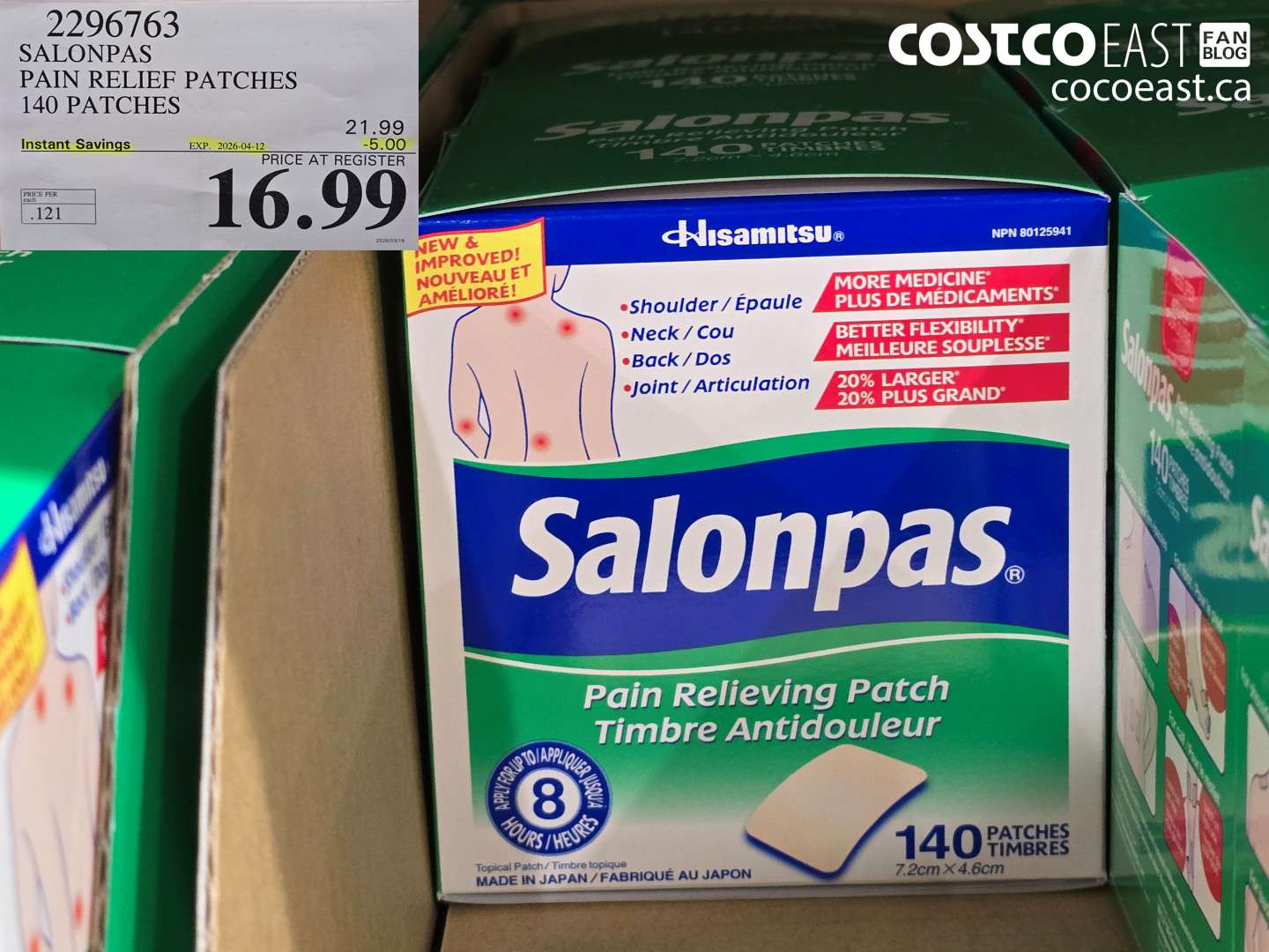 2296763 SALONPAS PAIN RELIEF PATCHES 140 PATCHES ($5.00 INSTANT SAVINGS EXPIRES ON 2026-04-12) $16.99