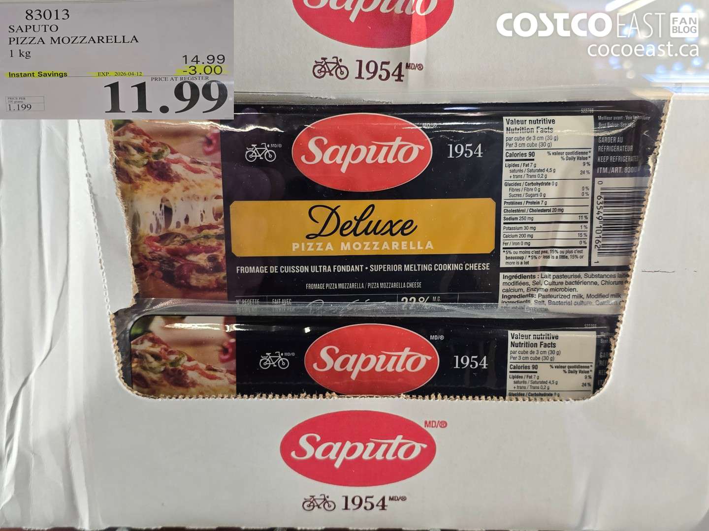 83013 SAPUTO PIZZA MOZZARELLA 1 KG ($3.00 INSTANT SAVINGS EXPIRES ON 2026-04-12) $11.99
