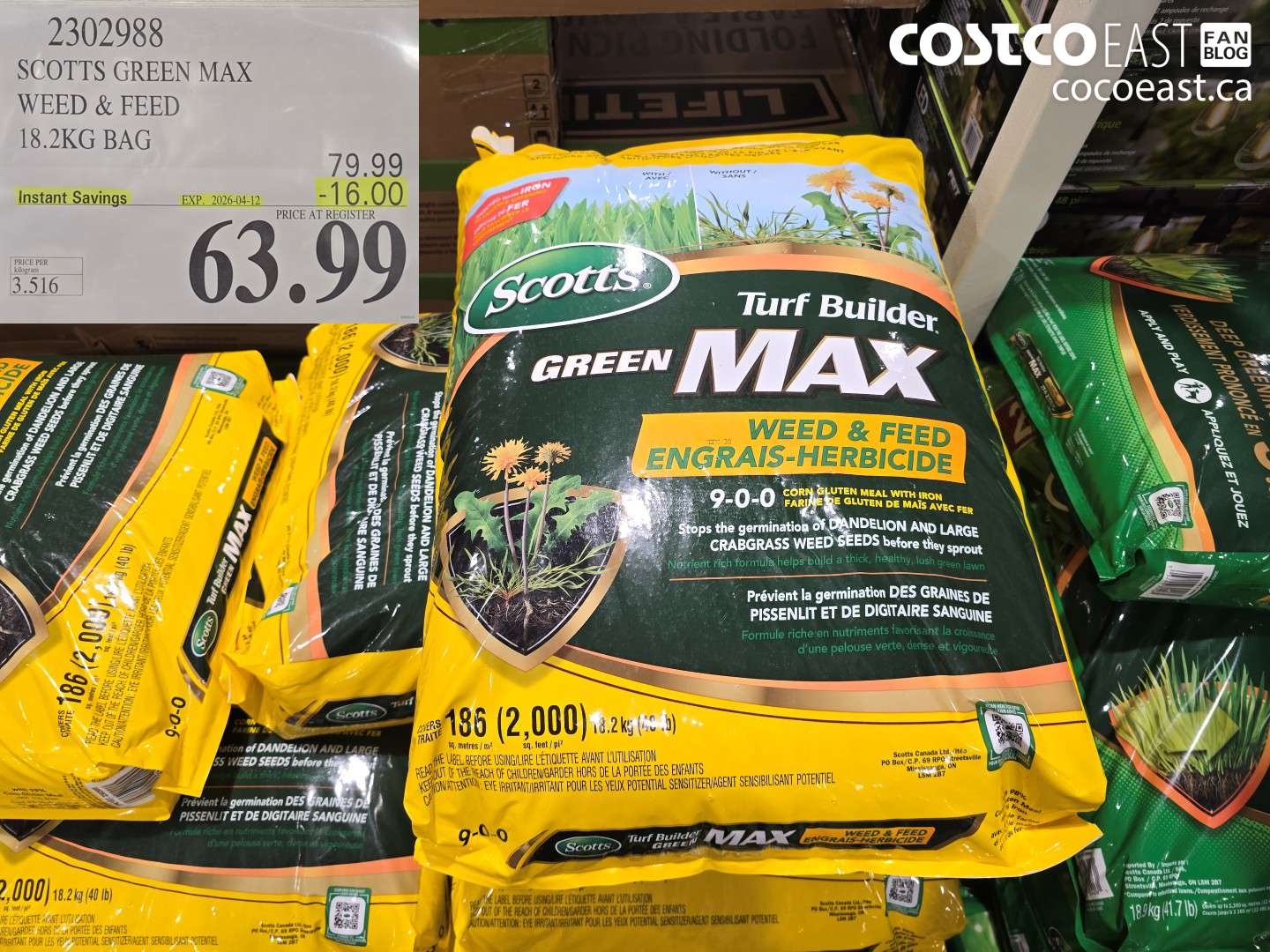 2302988 SCOTTS GREEN MAX WEED & FEED 18.2KG BAG ($16.00 INSTANT SAVINGS EXPIRES ON 2026-04-12) $63.99