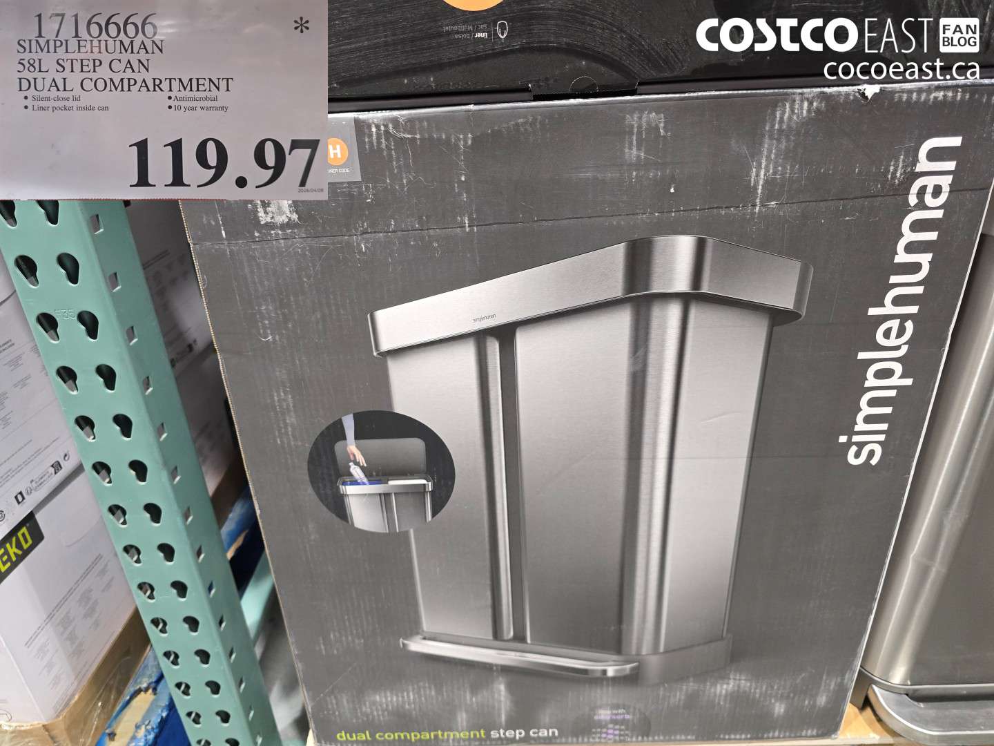 1716666 SIMPLEHUMAN 58L STEP CAN DUAL COMPARTMENT $119.97