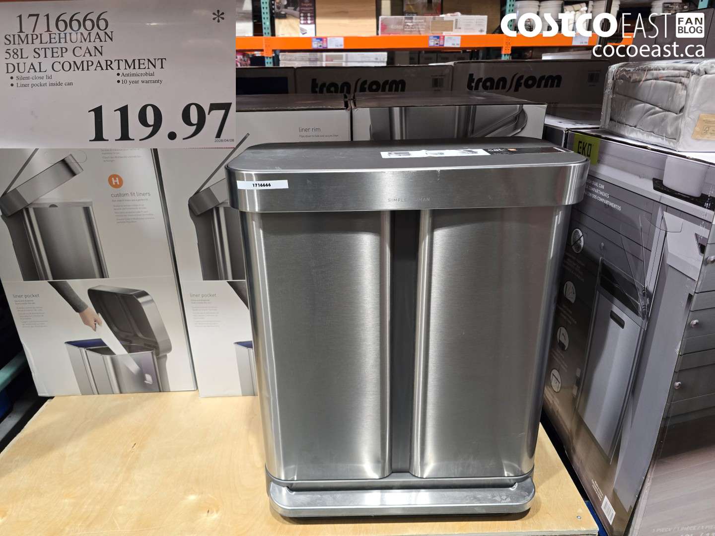 1716666 SIMPLEHUMAN 58L STEP CAN DUAL COMPARTMENT $119.97