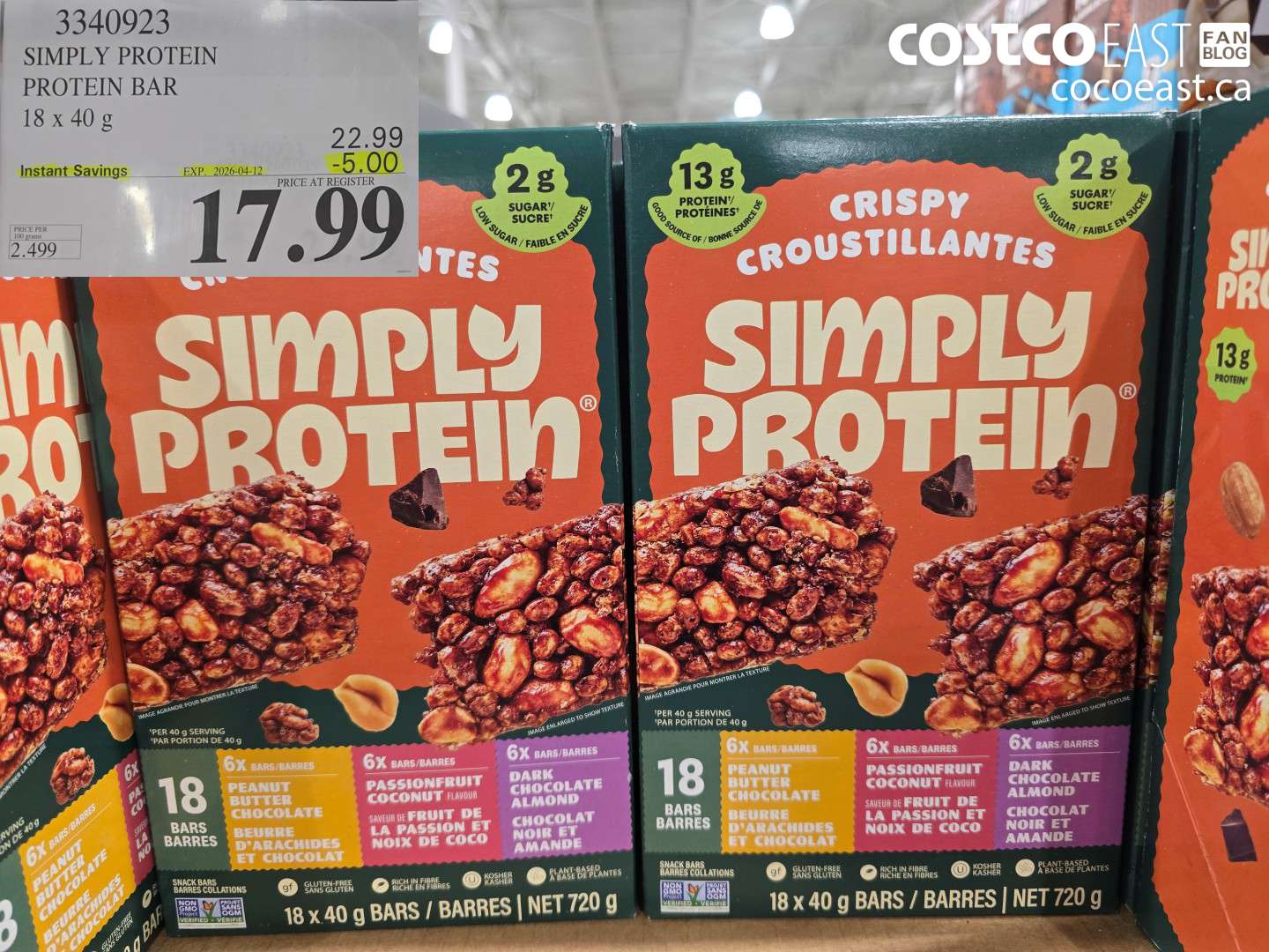 3340923 SIMPLY PROTEIN PROTEIN BAR 18 X 40 G ($5.00 INSTANT SAVINGS EXPIRES ON 2026-04-12) $17.99