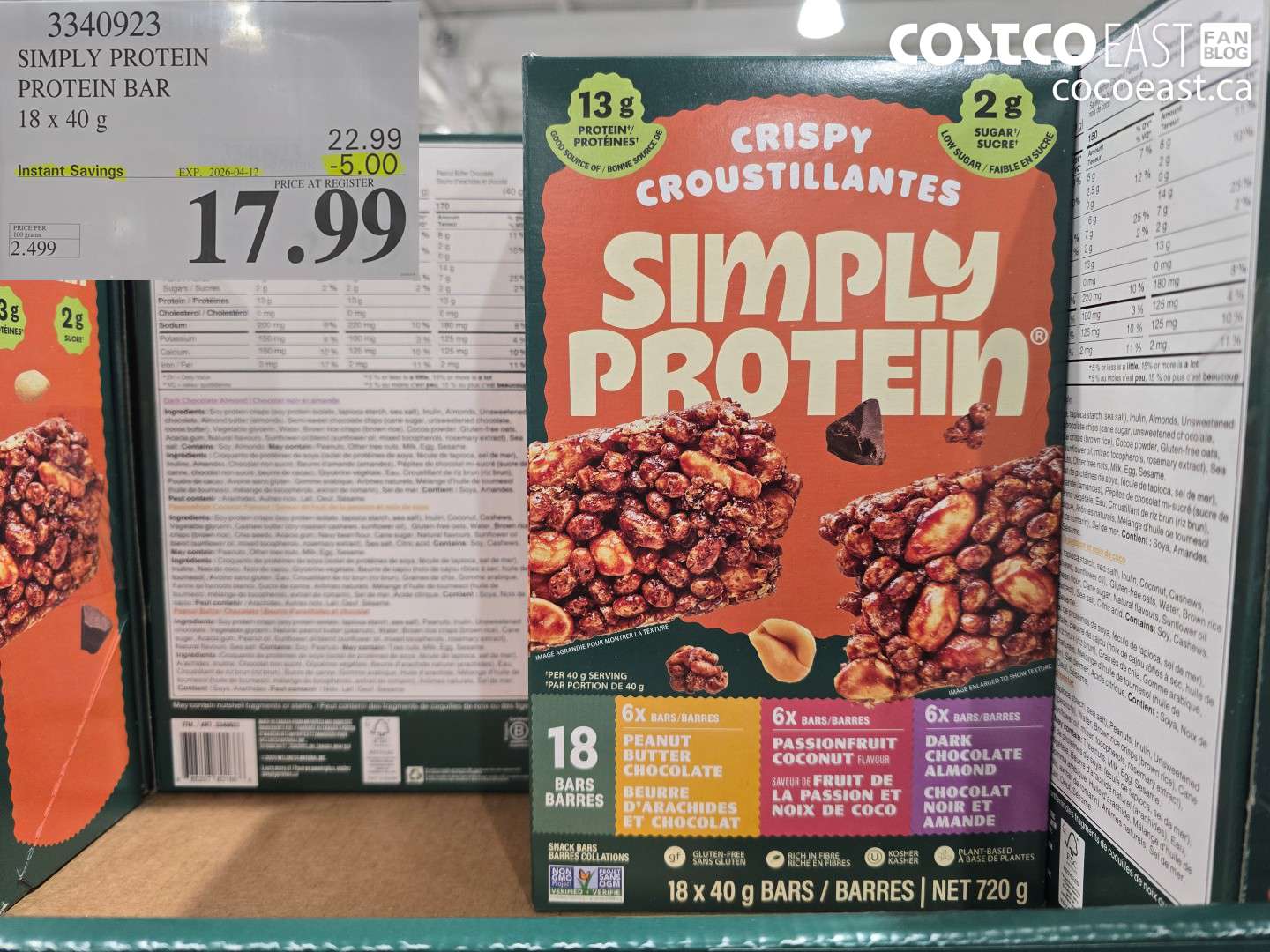 3340923 SIMPLY PROTEIN PROTEIN BAR 18 X 40 G ($5.00 INSTANT SAVINGS EXPIRES ON 2026-04-12) $17.99