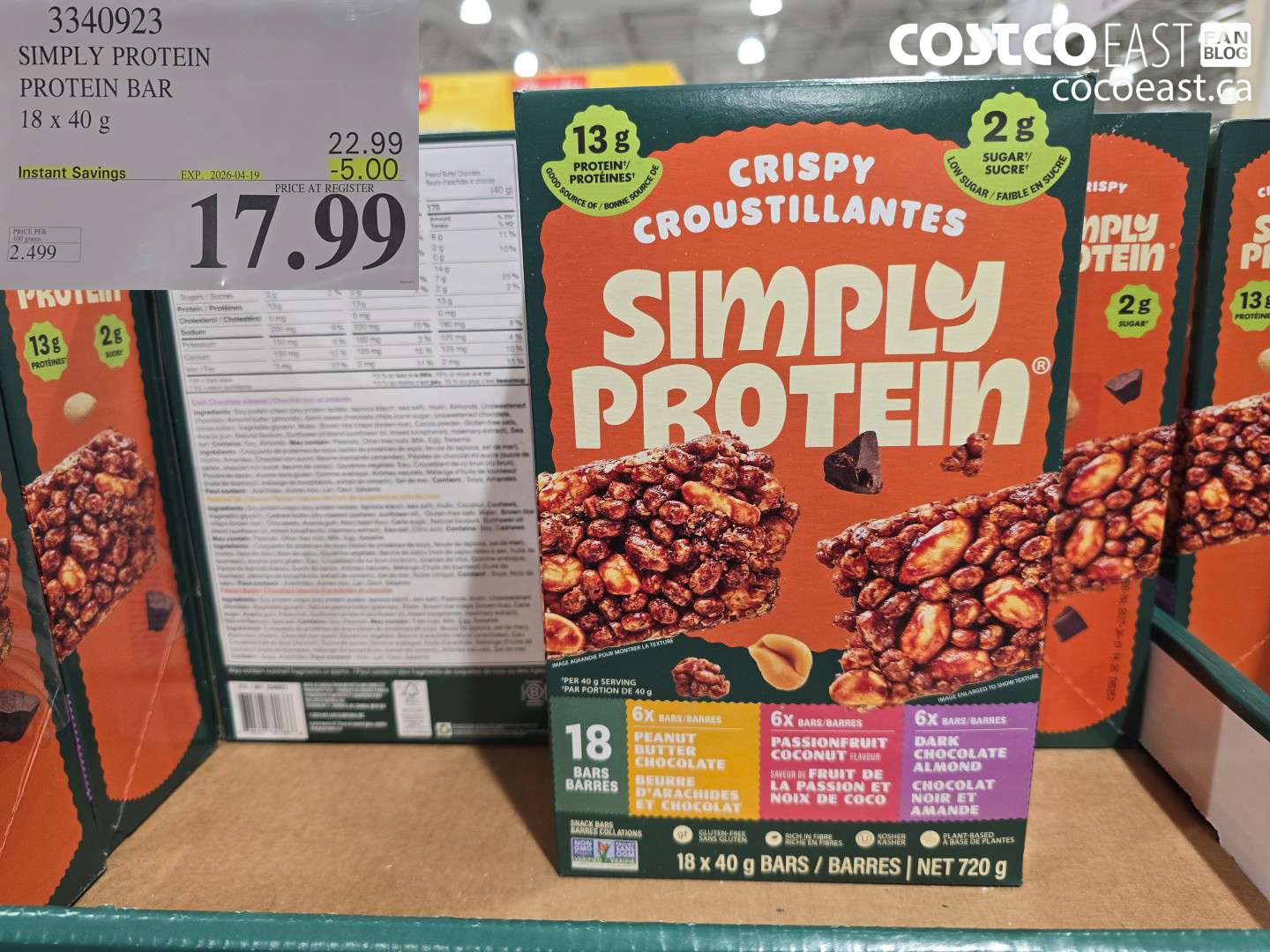 3340923 SIMPLY PROTEIN PROTEIN BAR 18 X 40 G ($5.00 INSTANT SAVINGS EXPIRES ON 2026-04-19) $17.99