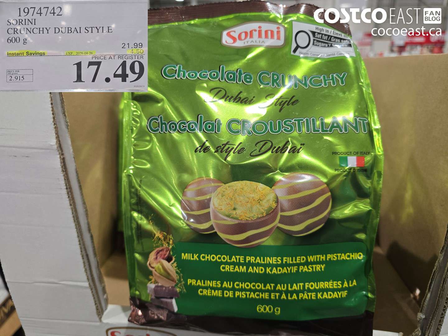 1974742 SORINI CRUNCHY DUBAI STYLE 600 G ($4.50 INSTANT SAVINGS EXPIRES ON 2026-04-26) $17.49