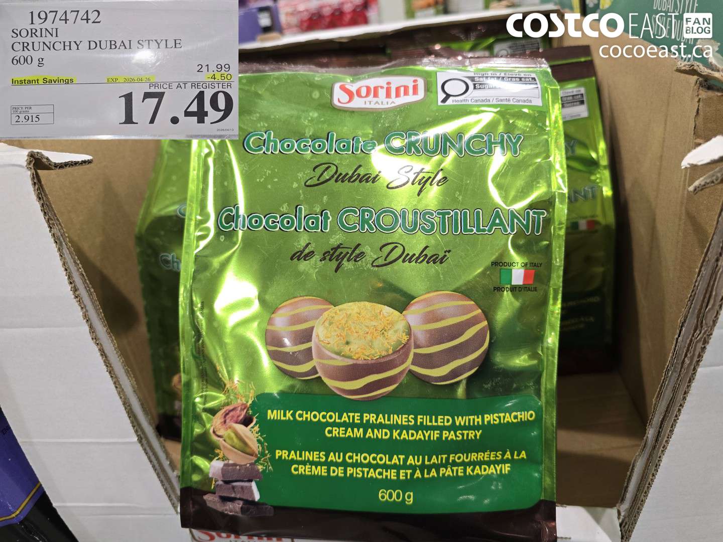 1974742 SORINI CRUNCHY DUBAI STYLE 600 G ($4.50 INSTANT SAVINGS EXPIRES ON 2026-04-26) $17.49