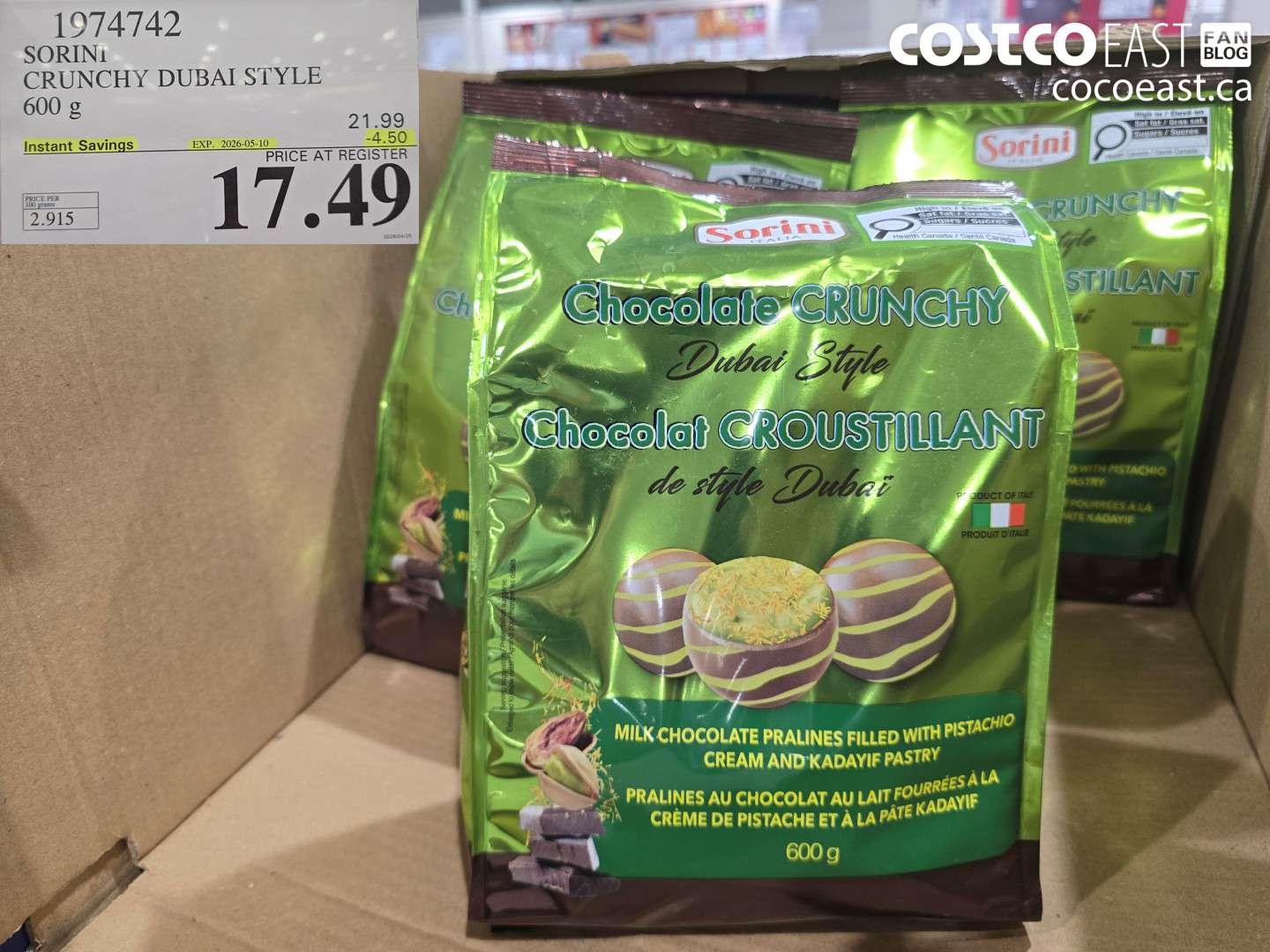 1974742 SORINI CRUNCHY DUBAI STYLE 600 G ($4.50 INSTANT SAVINGS EXPIRES ON 2026-05-10) $17.49