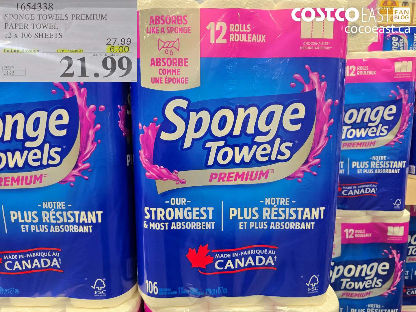 1654338 SPONGE TOWELS PREMIUM PAPER TOWEL 12 X 106 SHEETS ($6.00 INSTANT SAVINGS EXPIRES ON 2026-04-12) $21.99