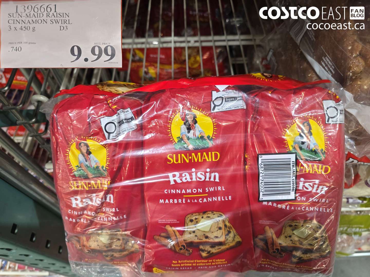 1396661 SUN-MAID RAISIN CINNAMON SWIRL 3 X 450 G $9.99