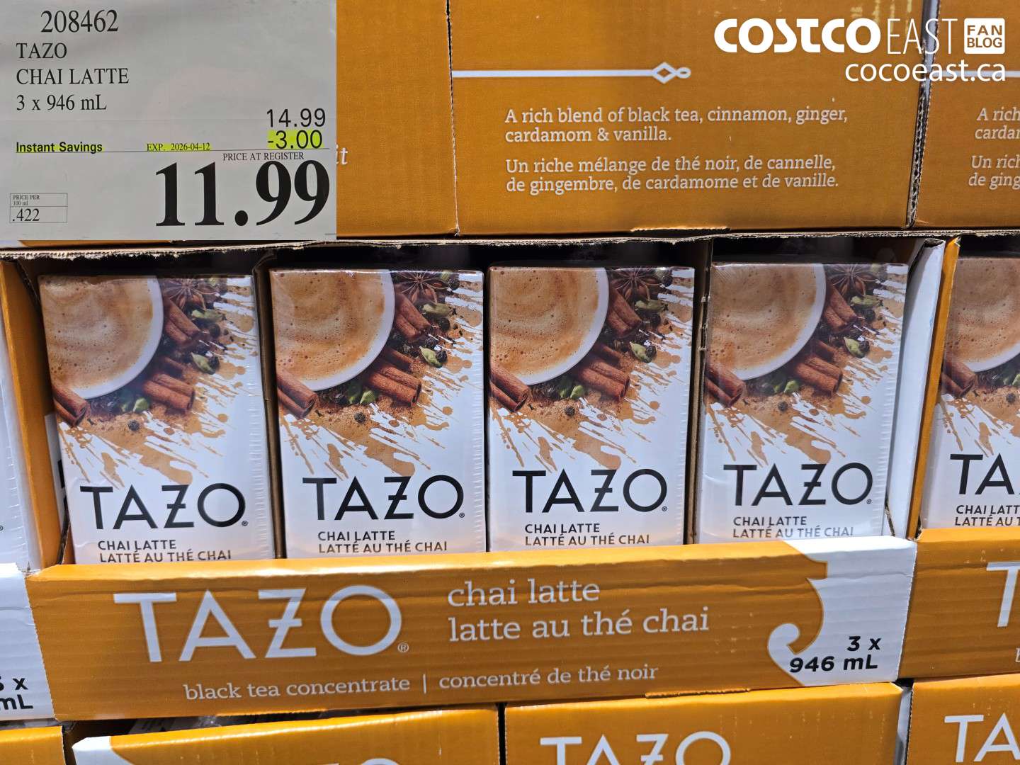 208462 TAZO CHAI LATTE 3 X 946 ML ($3.00 INSTANT SAVINGS EXPIRES ON 2026-04-12) $11.99