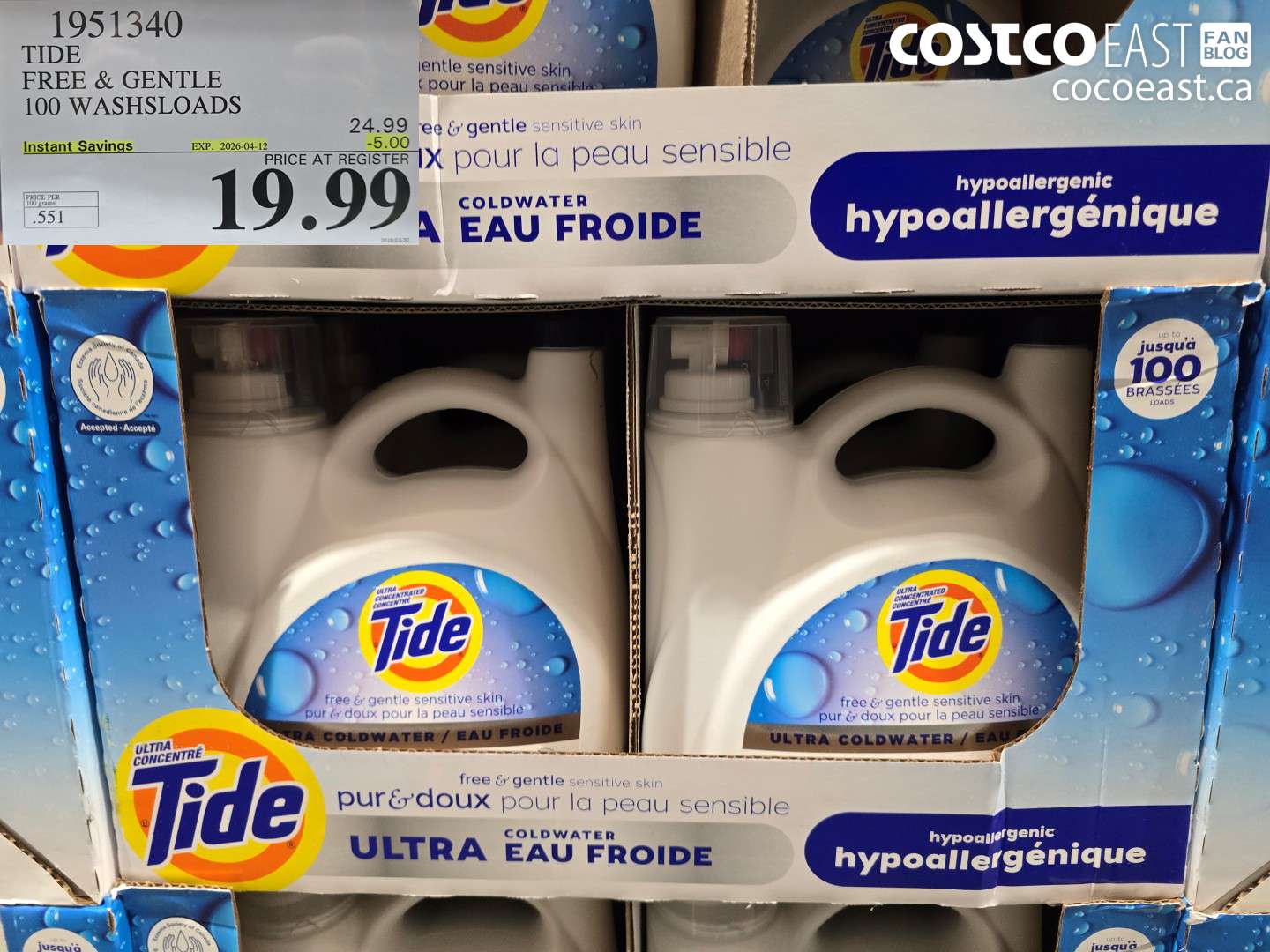 1951340 TIDE FREE & GENTLE 100 WASHLOADS ($5.00 INSTANT SAVINGS EXPIRES ON 2026-04-12) $19.99