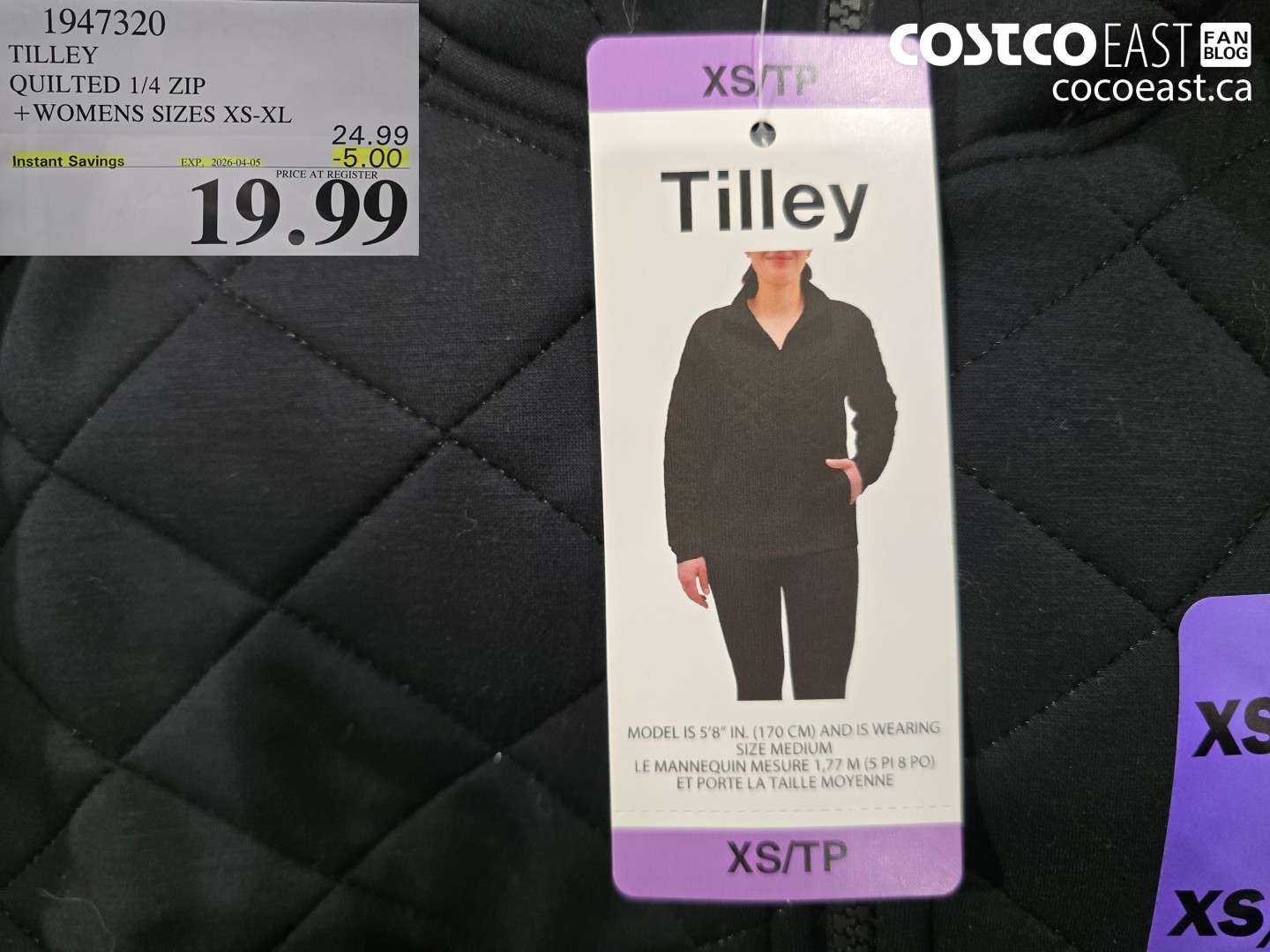 1947320 TILLEY QUILTED 1/4 ZIP + WOMENS SIZES XS-XL ($5.00 INSTANT SAVINGS EXPIRES ON 2026-04-05) $19.99