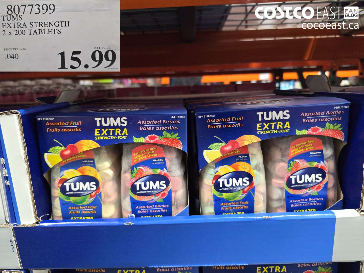 8077399 TUMS EXTRA STRENGTH 2 X 200 TABLETS $15.99