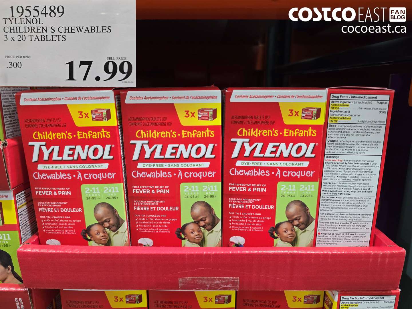1955489 TYLENOL CHILDREN'S CHEWABLES 3 X 20 TABLETS $17.99