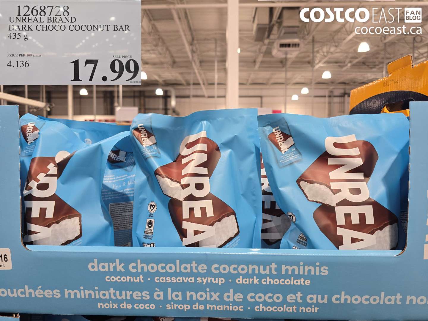 1268728 UNREAL BRAND DARK CHOCO COCONUT BAR 435 G $17.99
