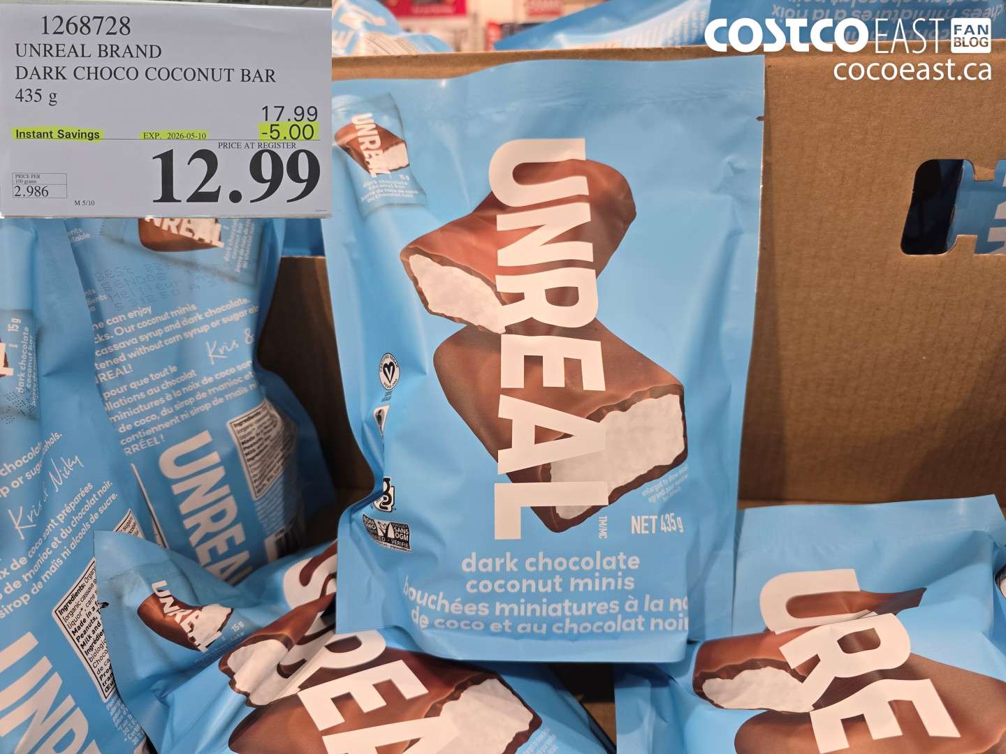 1268728 UNREAL BRAND DARK CHOCO COCONUT BAR 435 G ($5.00 INSTANT SAVINGS EXPIRES ON 2026-05-10) $12.99