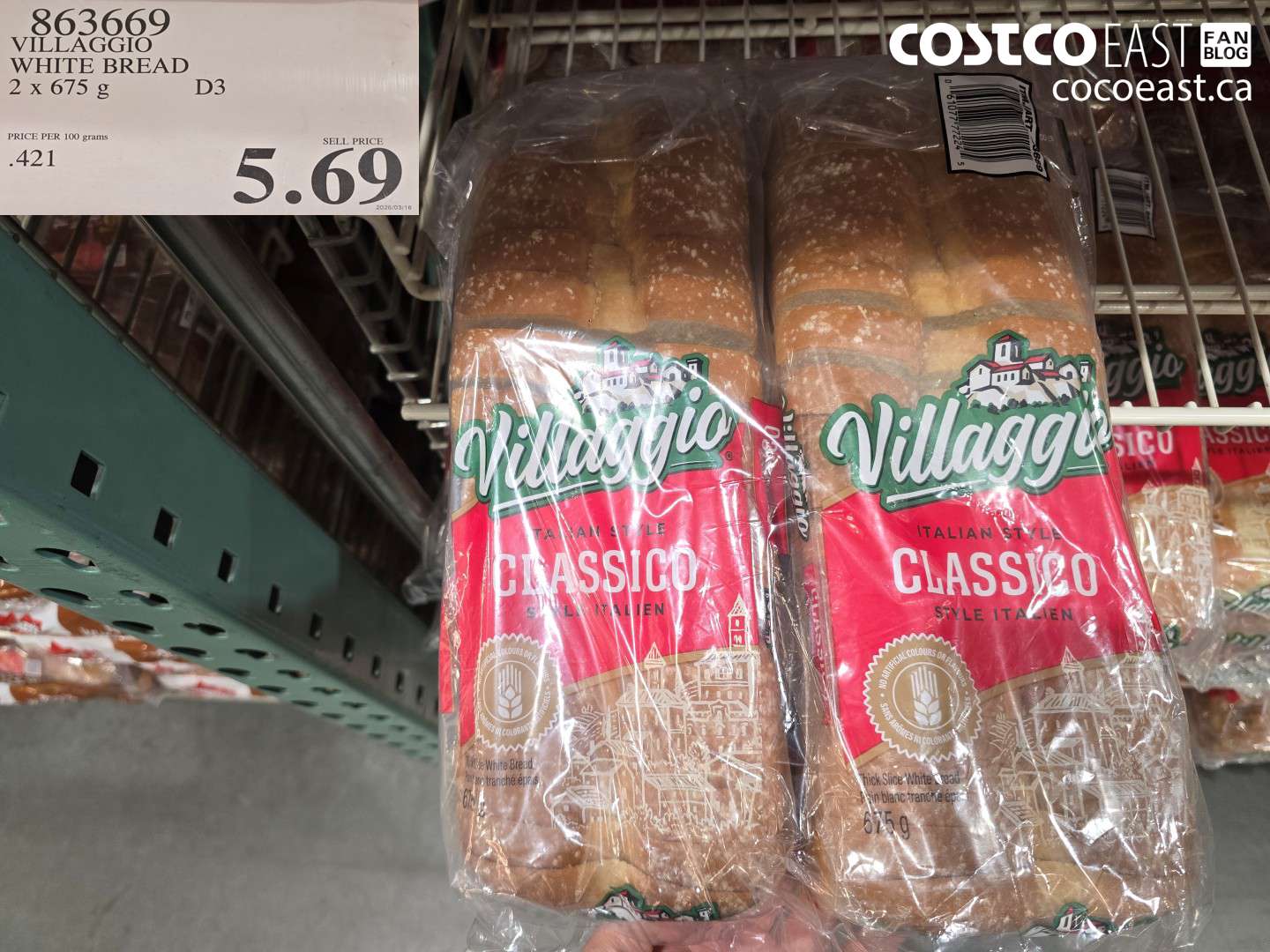 863669 VILLAGGIO WHITE BREAD 2 X 675 G $5.69