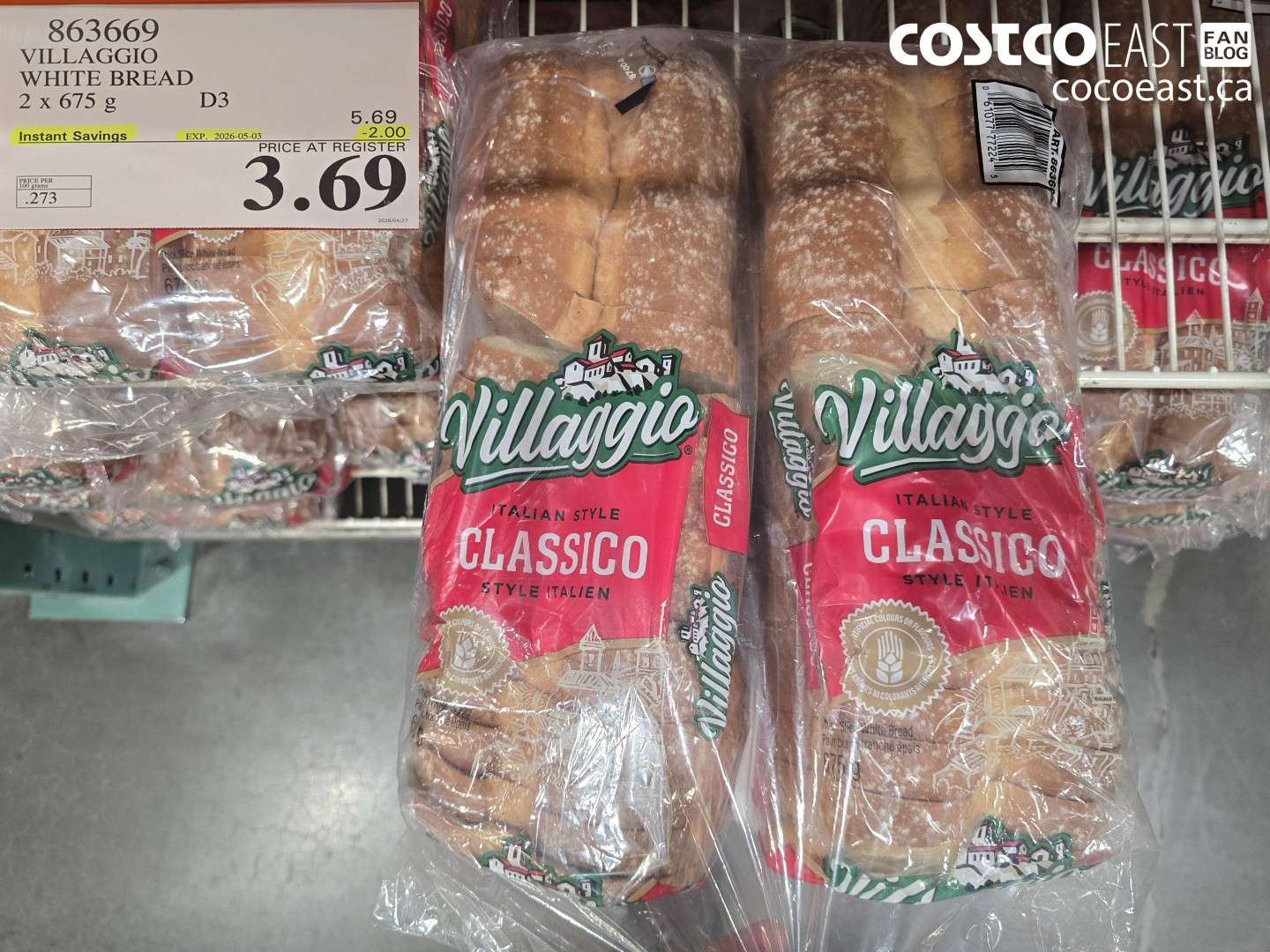 863669 VILLAGGIO WHITE BREAD 2 X 675 G ($2.00 INSTANT SAVINGS EXPIRES ON 2026-05-03) $3.69