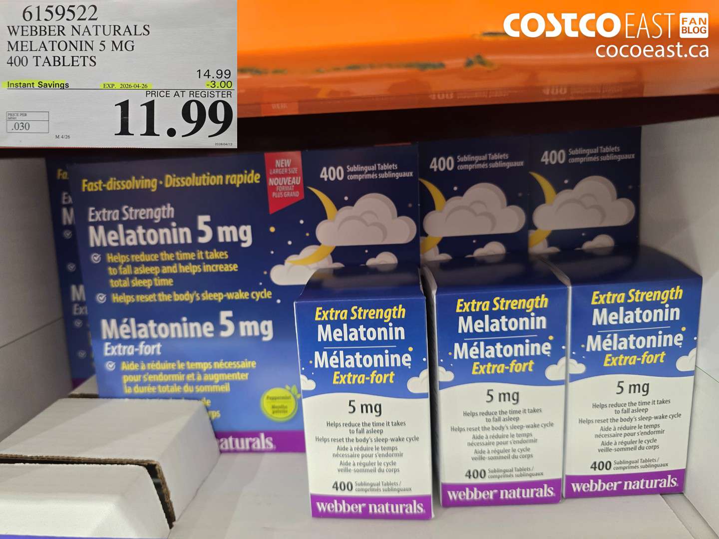 6159522 WEBBER NATURALS MELATONIN 5 MG 400 TABLETS ($3.00 INSTANT SAVINGS EXPIRES ON 2026-04-26) $11.99