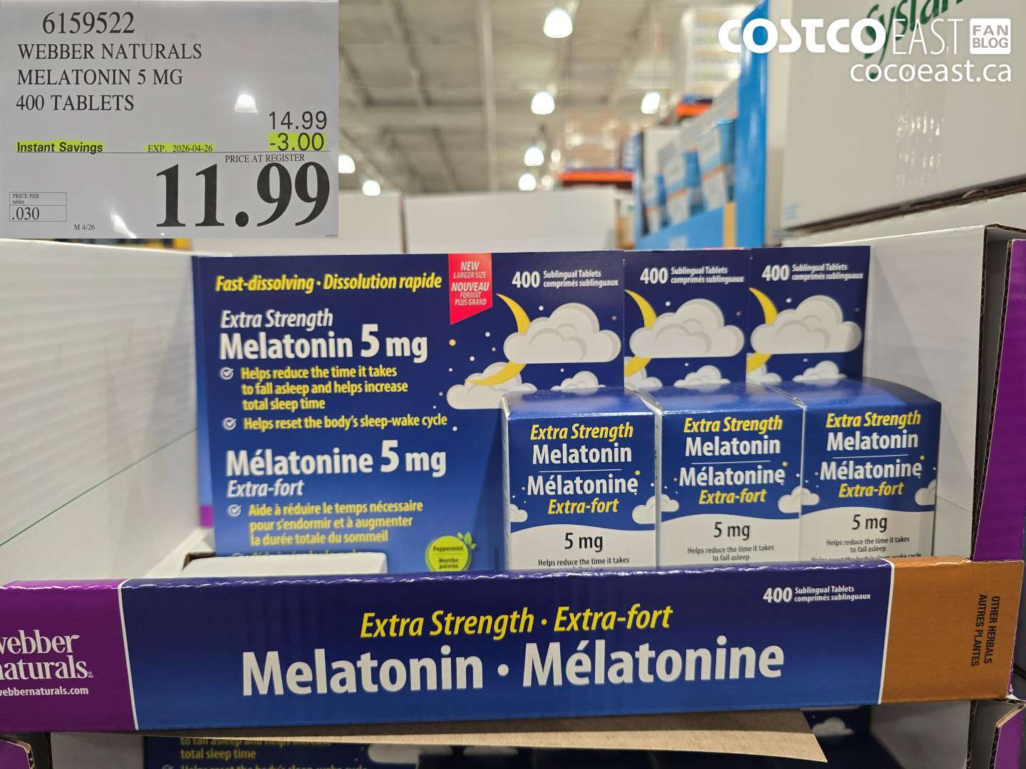 6159522 WEBBER NATURALS MELATONIN 5 MG 400 TABLETS ($3.00 INSTANT SAVINGS EXPIRES ON 2026-04-26) $11.99