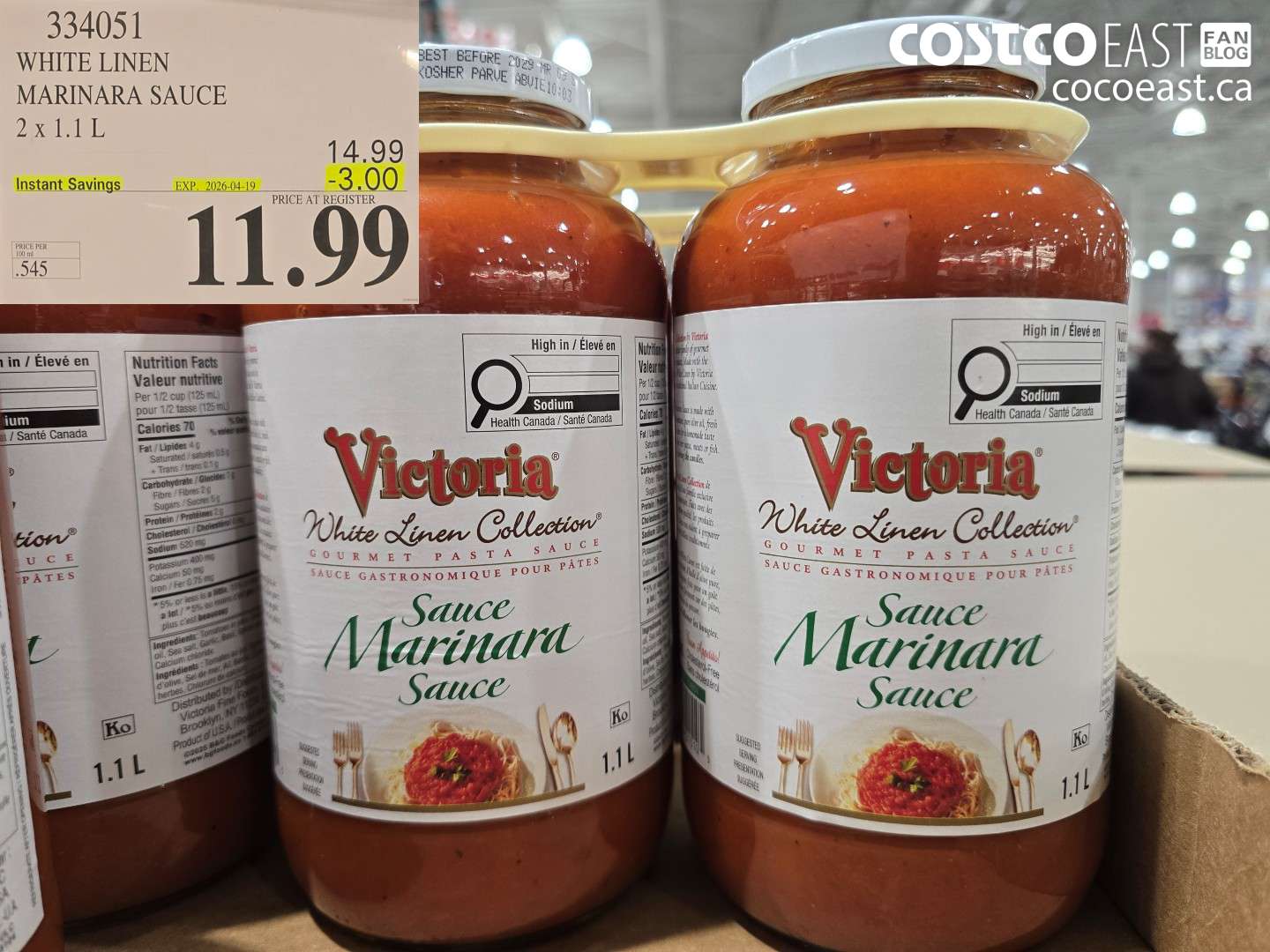 334051 WHITE LINEN MARINARA SAUCE 2 x 1.1 L ($3.00 INSTANT SAVINGS EXPIRES ON 2026-04-19) $11.99