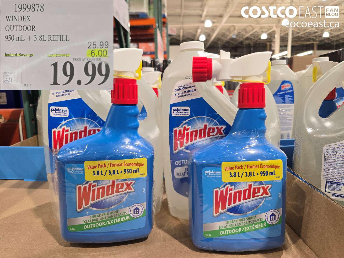 1999878 WINDEX OUTDOOR 950 ML + 3.8L REFILL ($6.00 INSTANT SAVINGS EXPIRES ON 2026-04-12) $19.99