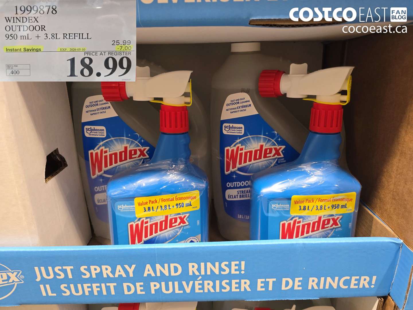 1999878 WINDEX OUTDOOR 950 ML + 3.8L REFILL ($7.00 INSTANT SAVINGS EXPIRES ON 2026-05-10) $18.99