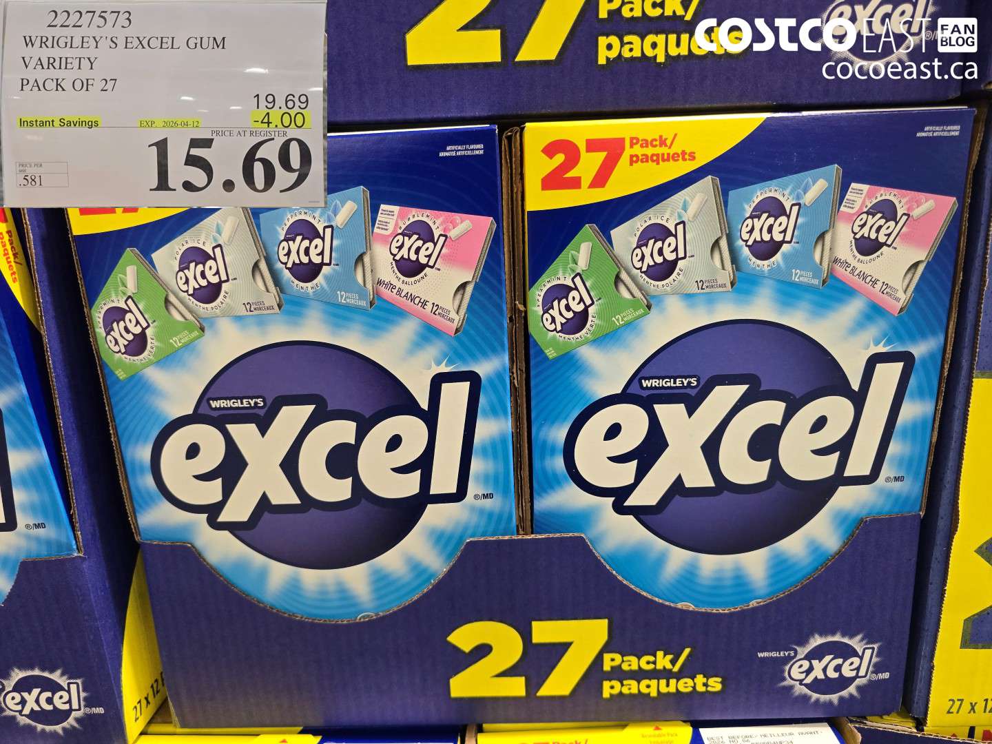 2227573 WRIGLEY'S EXCEL GUM VARIETY PACK OF 27 ($4.00 INSTANT SAVINGS EXPIRES ON 2026-04-12) $15.69