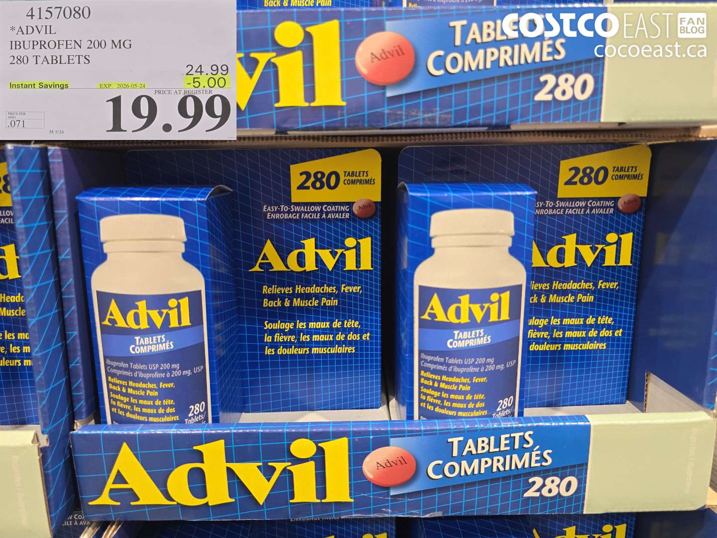 4157080 ADVIL IBUPROFEN 200 MG 280 TABLETS ($5.00 INSTANT SAVINGS EXPIRES ON 2026-05-24) $19.99