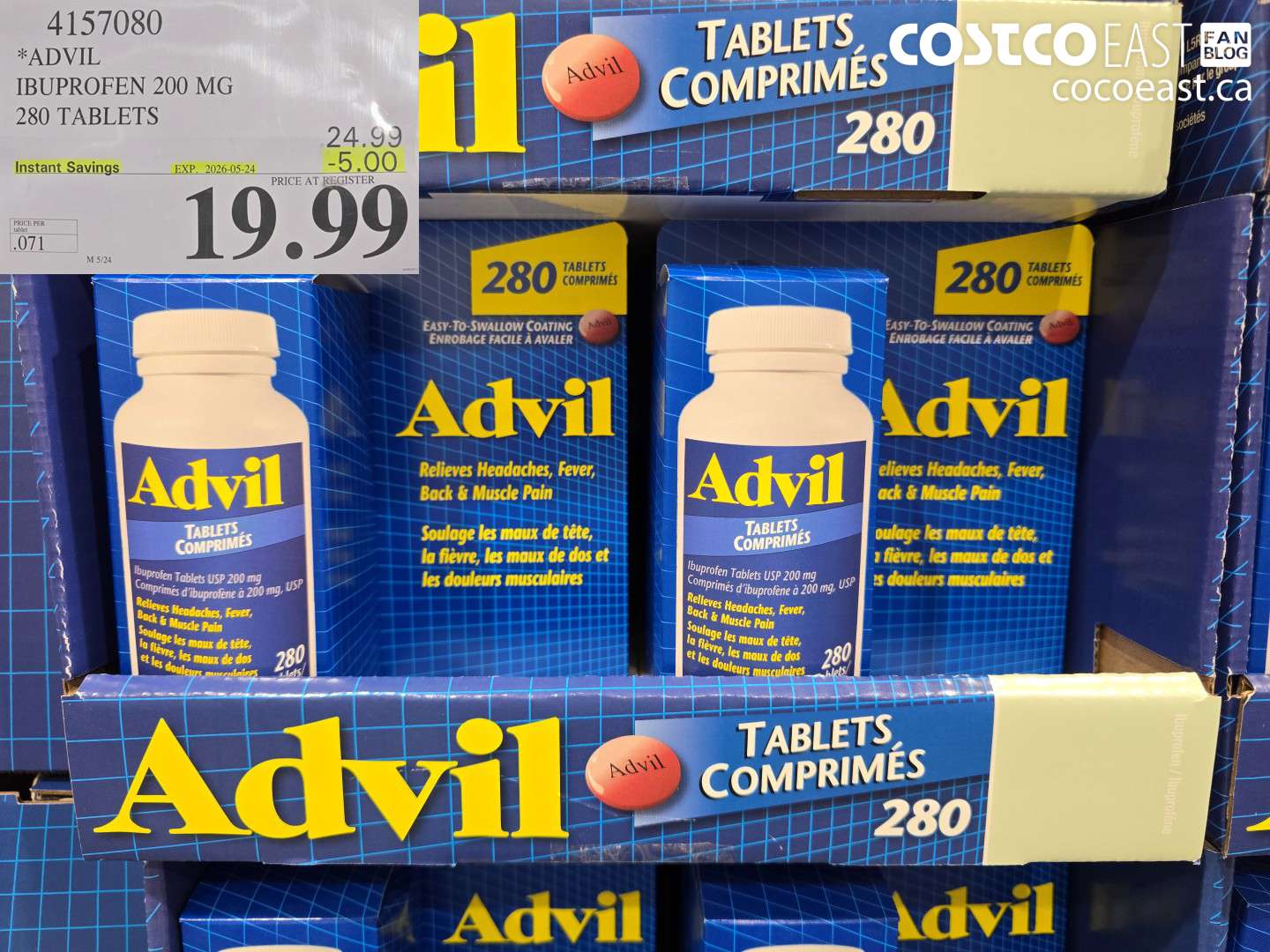 4157080 ADVIL IBUPROFEN 200 MG 280 TABLETS ($5.00 INSTANT SAVINGS EXPIRES ON 2026-05-24) $19.99