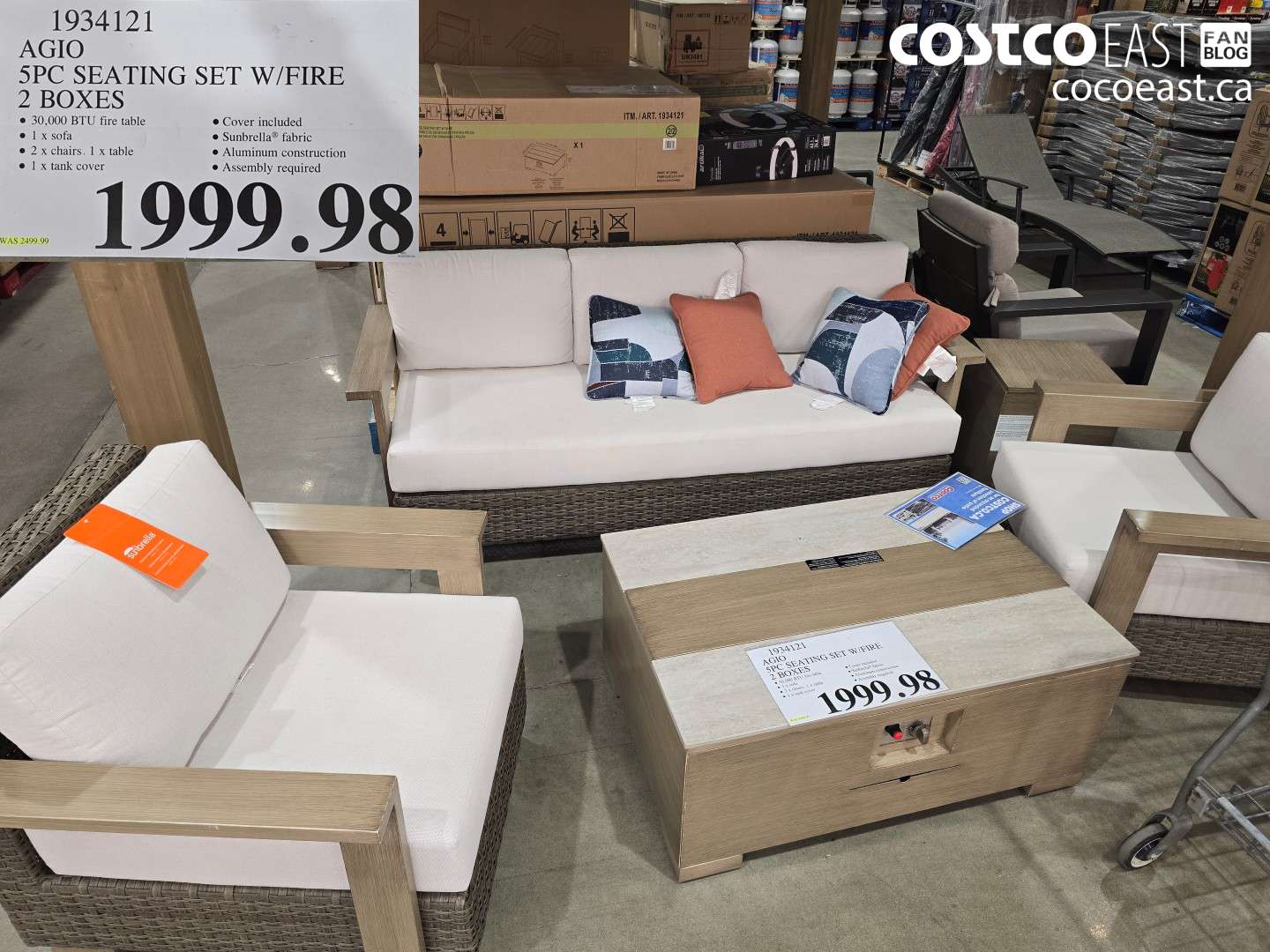 1934121 AGIO 5PC SEATING SET W/FIRE 2 BOXES $1999.98