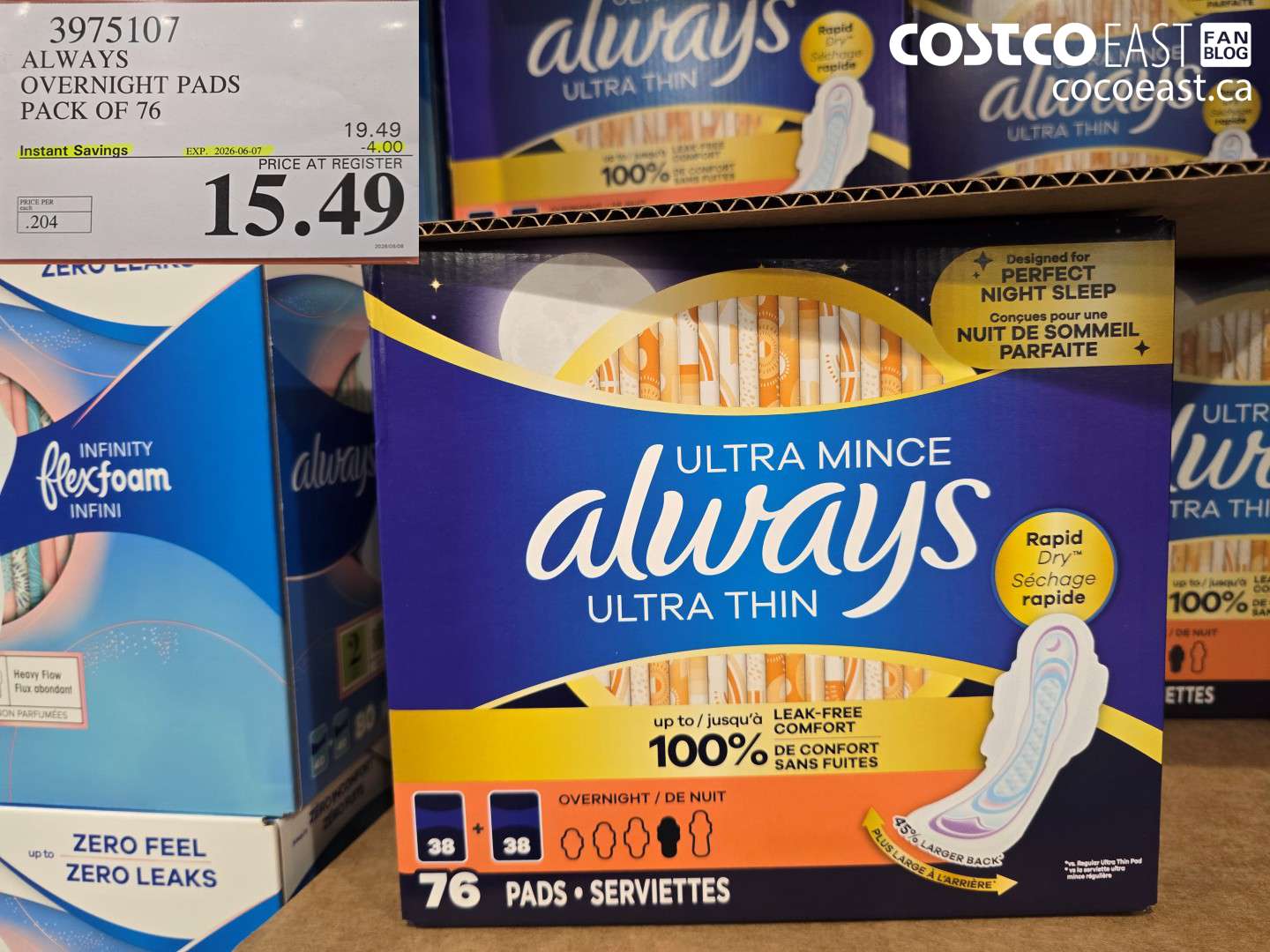 3975107 ALWAYS OVERNIGHT PADS PACK OF 76 ($4.00 INSTANT SAVINGS EXPIRES ON 2026-06-07) $15.49
