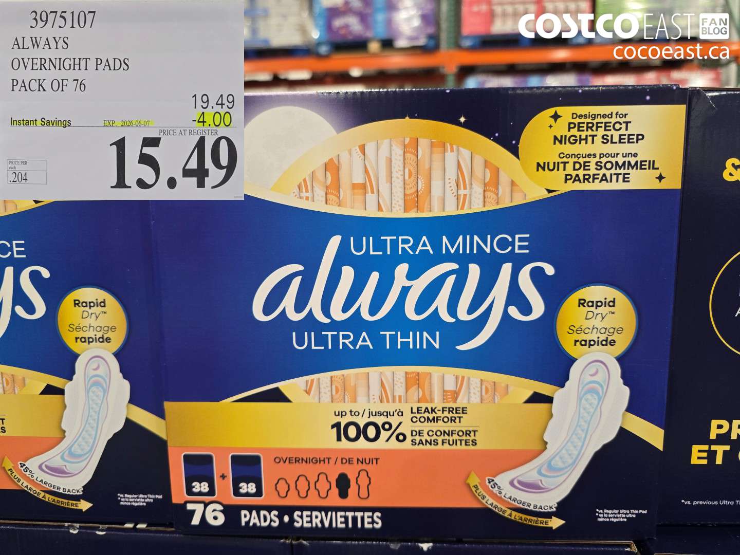 3975107 ALWAYS OVERNIGHT PADS PACK OF 76 ($4.00 INSTANT SAVINGS EXPIRES ON 2026-06-07) $15.49