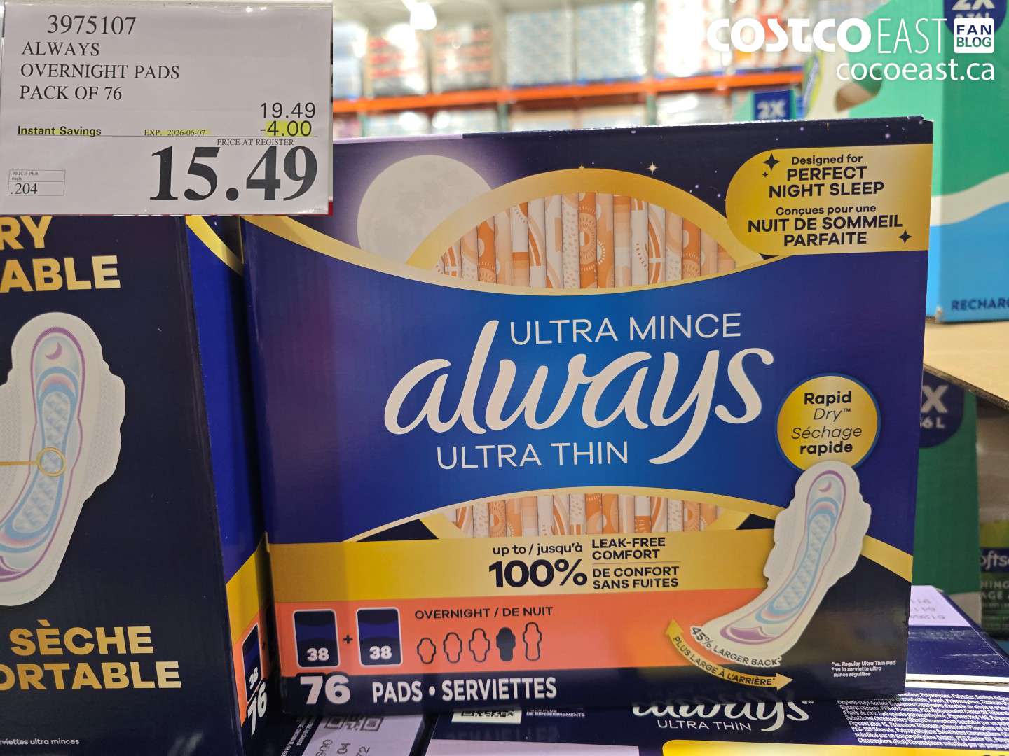 3975107 ALWAYS OVERNIGHT PADS PACK OF 76 ($4.00 INSTANT SAVINGS EXPIRES ON 2026-06-07) $15.49