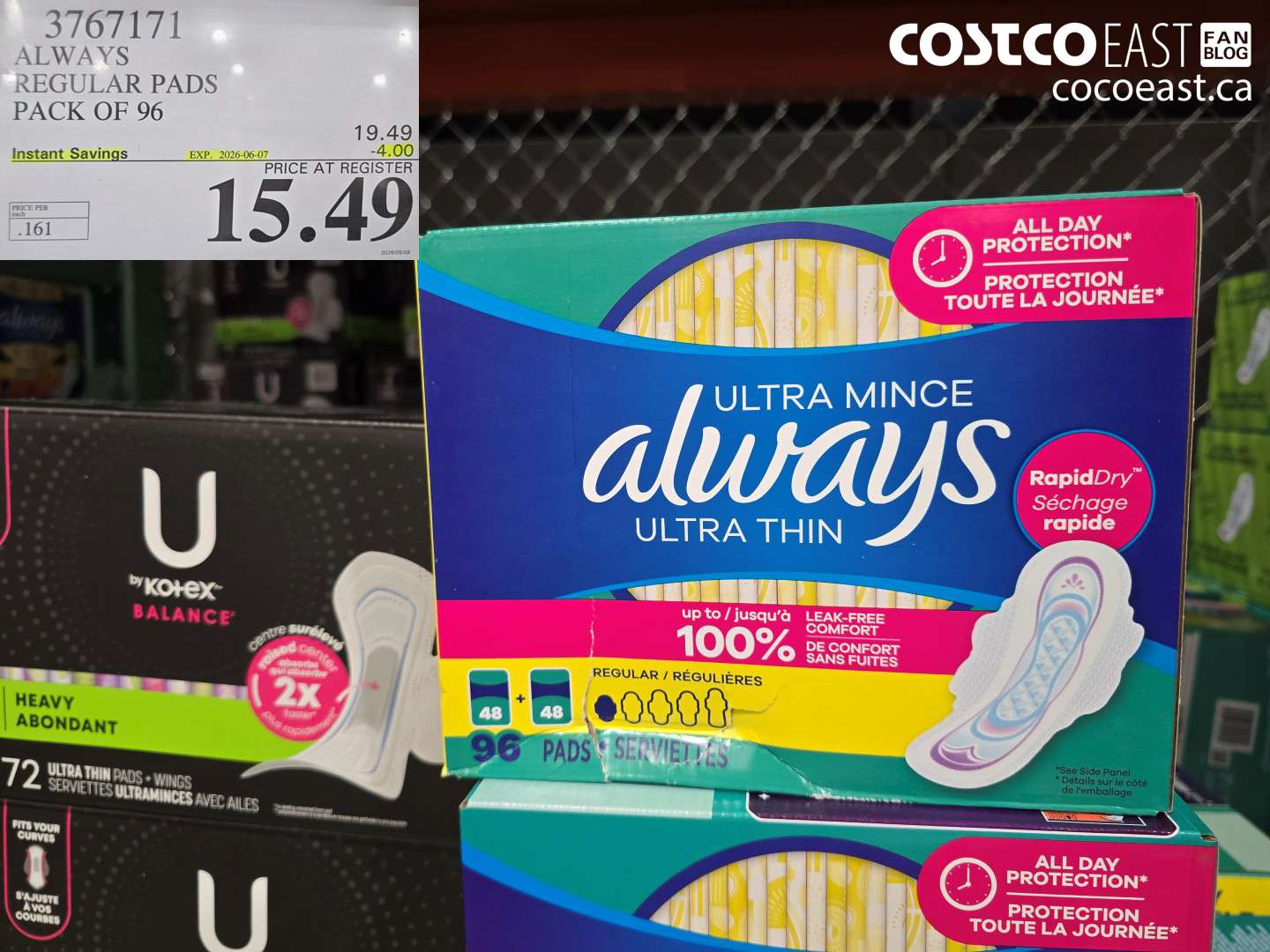 3767171 ALWAYS REGULAR PADS PACK OF 96 ($4.00 INSTANT SAVINGS EXPIRES ON 2026-06-07) $15.49