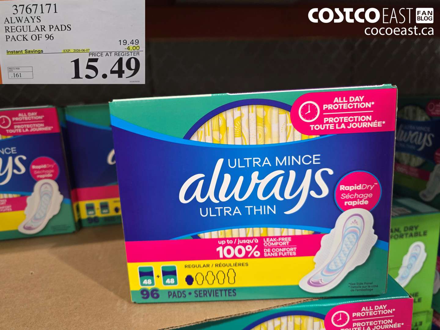 3767171 ALWAYS REGULAR PADS PACK OF 96 ($4.00 INSTANT SAVINGS EXPIRES ON 2026-06-07) $15.49