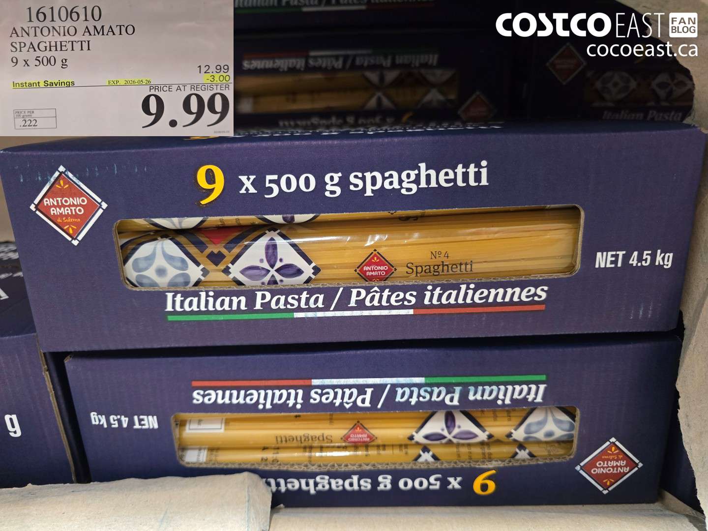 1610610 ANTONIO AMATO SPAGHETTI 9 X 500 G ($3.00 INSTANT SAVINGS EXPIRES ON 2026-05-26) $9.99