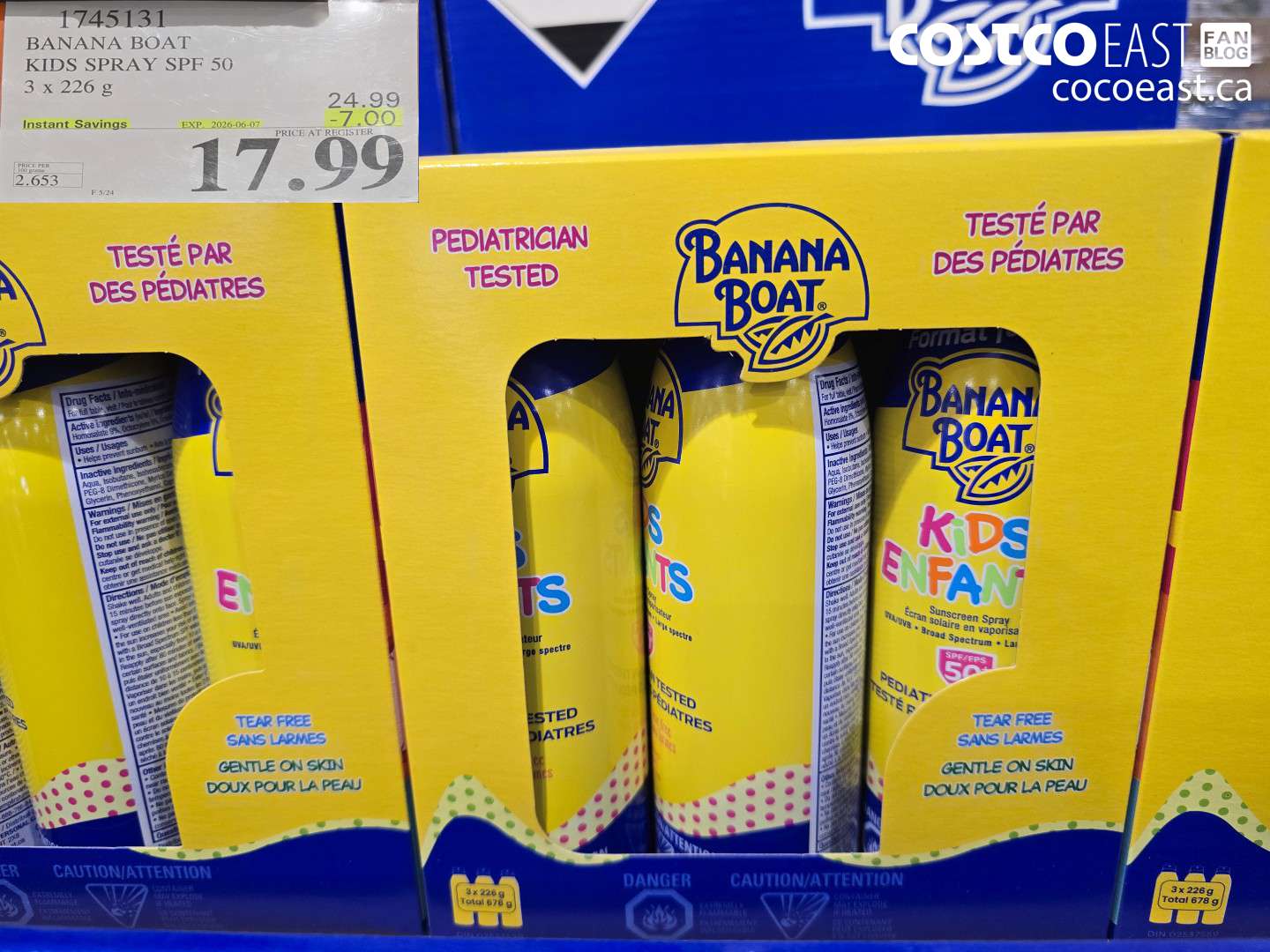 1745131 BANANA BOAT KIDS SPRAY SPF 50 3 X 226 G ($7.00 INSTANT SAVINGS EXPIRES ON 2026-06-07) $17.99