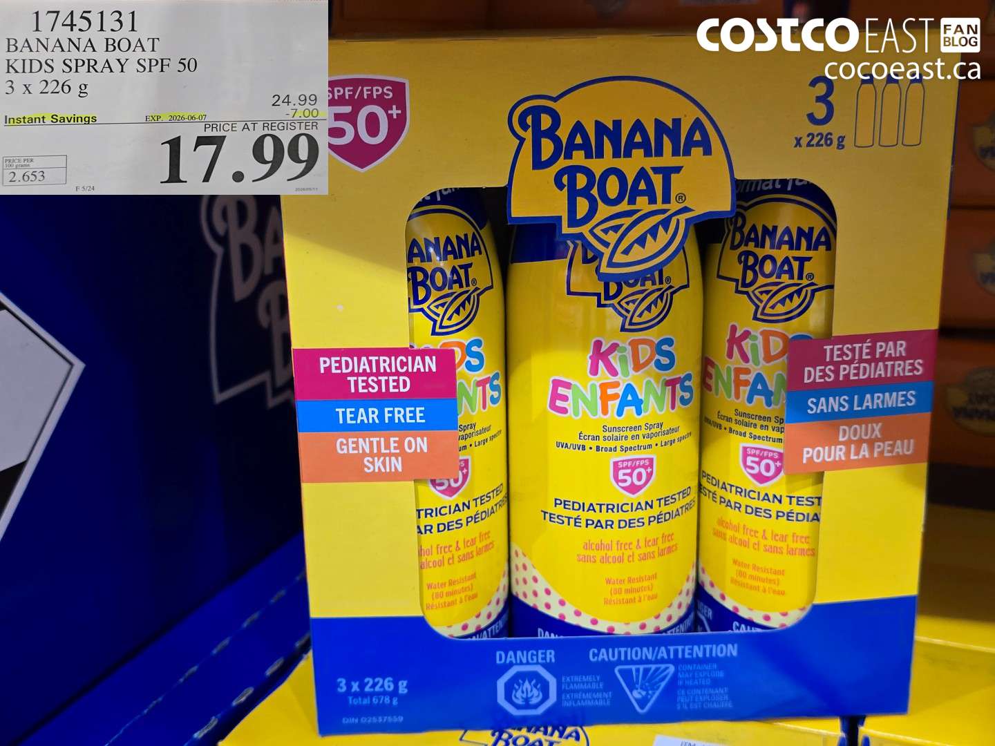 1745131 BANANA BOAT KIDS SPRAY SPF 50 3 X 226 G ($7.00 INSTANT SAVINGS EXPIRES ON 2026-06-07) $17.99