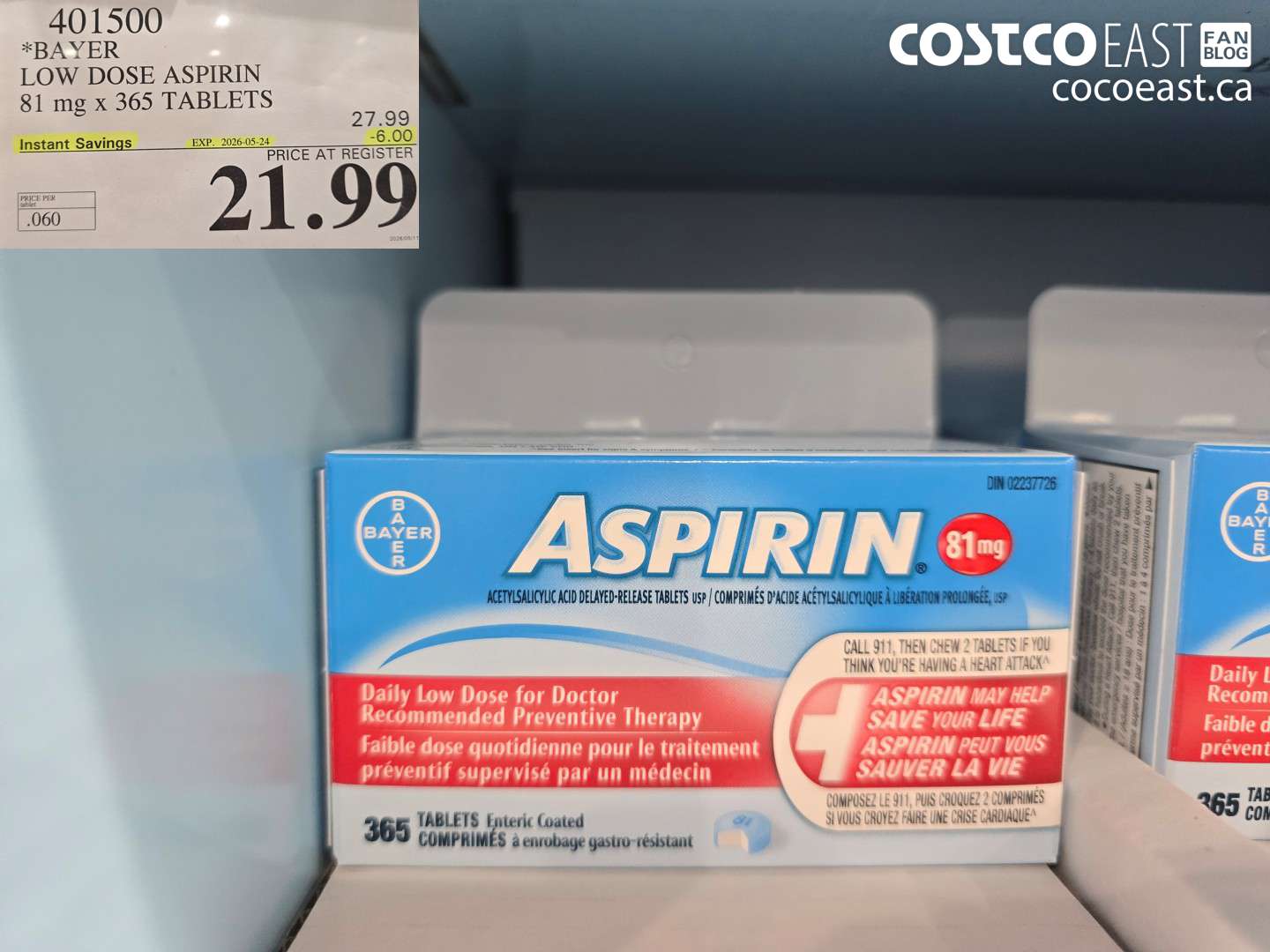 401500 BAYER LOW DOSE ASPIRIN 81 MG X 365 TABLETS ($6.00 INSTANT SAVINGS EXPIRES ON 2026-05-24) $21.99