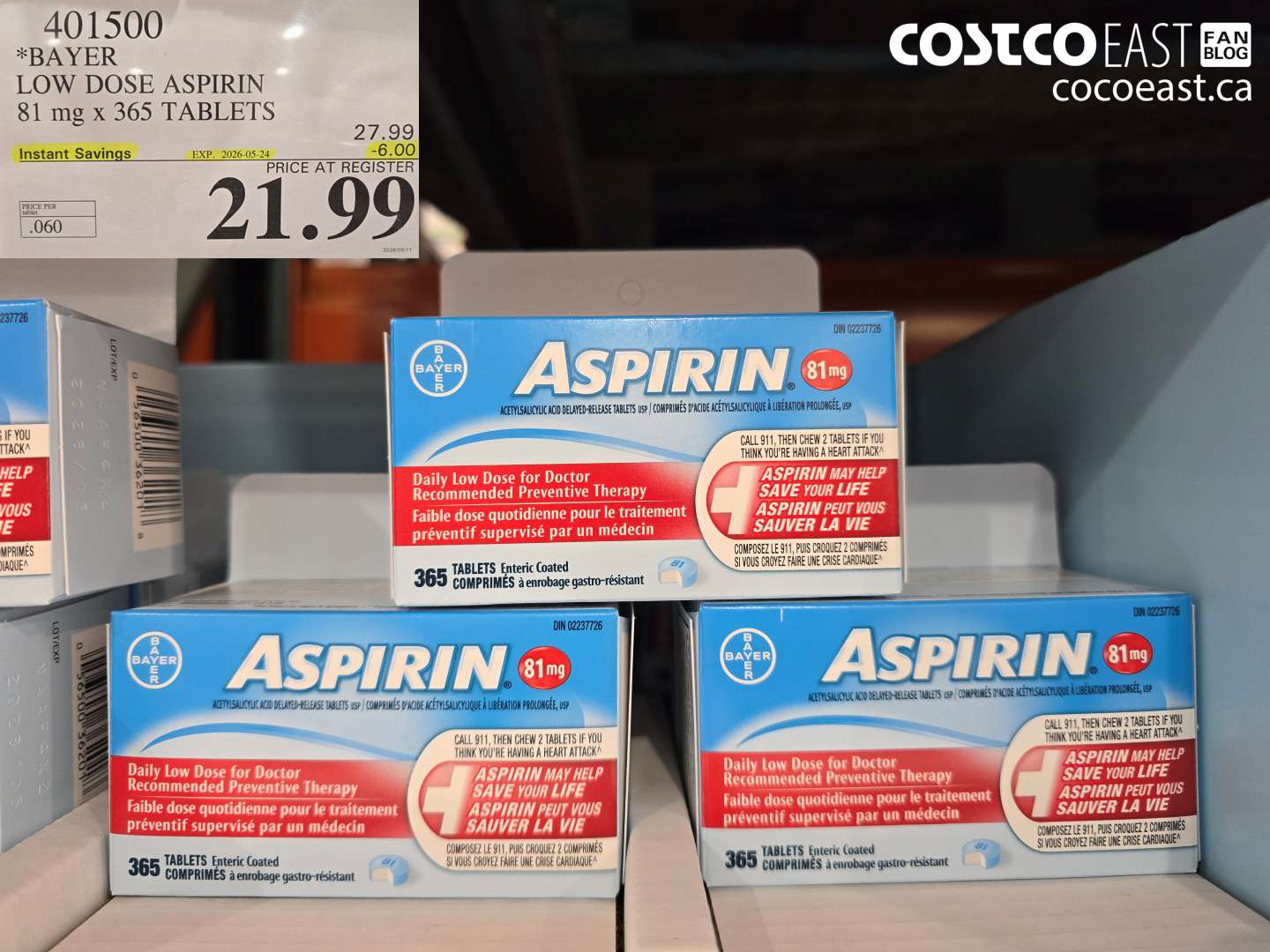 401500 BAYER LOW DOSE ASPIRIN 81 MG X 365 TABLETS ($6.00 INSTANT SAVINGS EXPIRES ON 2026-05-24) $21.99