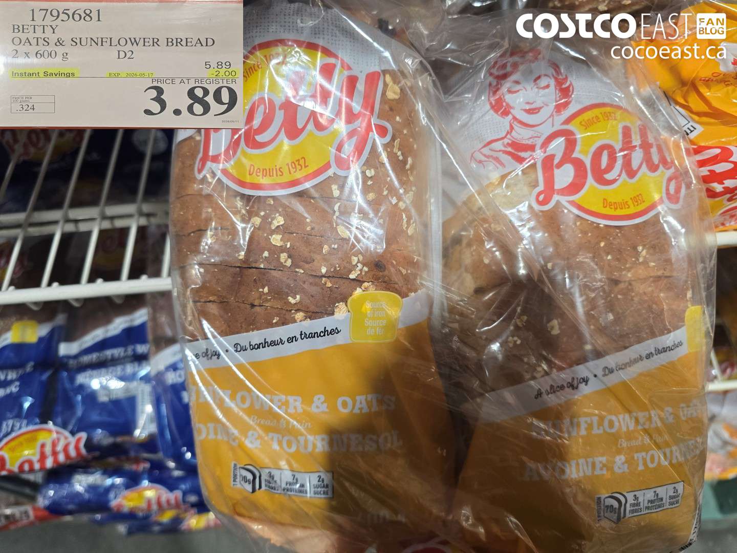 1795681 BETTY OATS & SUNFLOWER BREAD 2 X 600 G ($2.00 INSTANT SAVINGS EXPIRES ON 2026-05-17) $3.89